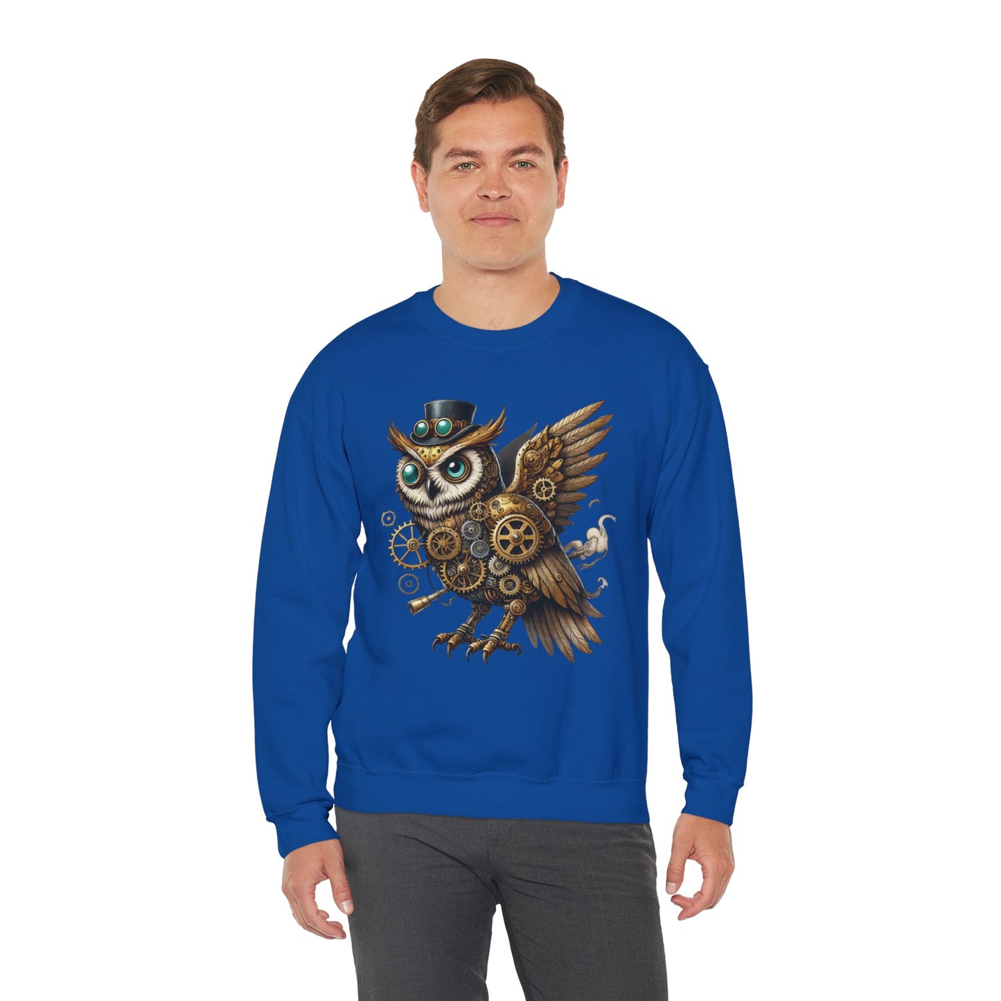 Steampunk Owl Unisex Crewneck Sweatshirt, Vintage Mechanical Gears Fantasy Bird Graphic Pullover, Gift for Owl Lovers