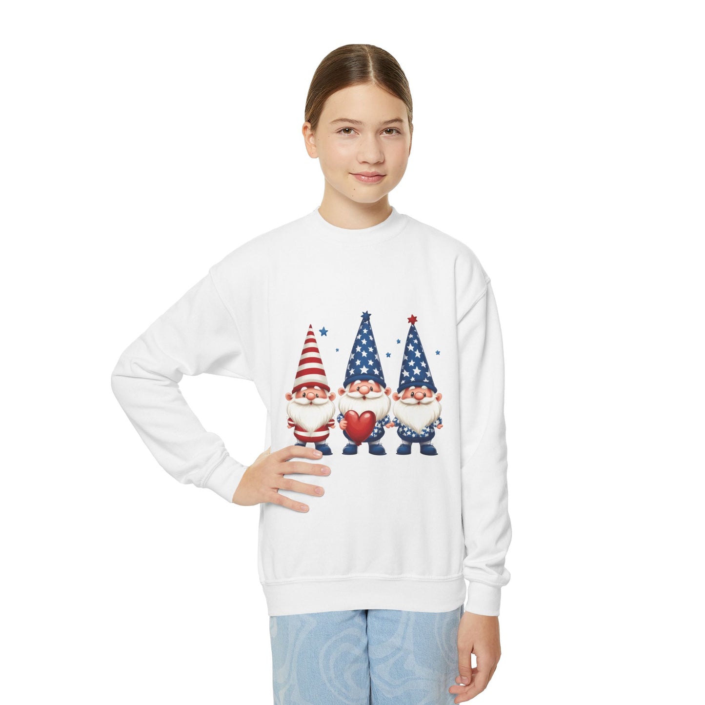 Patriotic Gnome Youth Crewneck Sweatshirt, 4th of July Sweatshirt, Cute Gnome Pullover, Summer Camp Outfit, Kids Holiday Apparel
