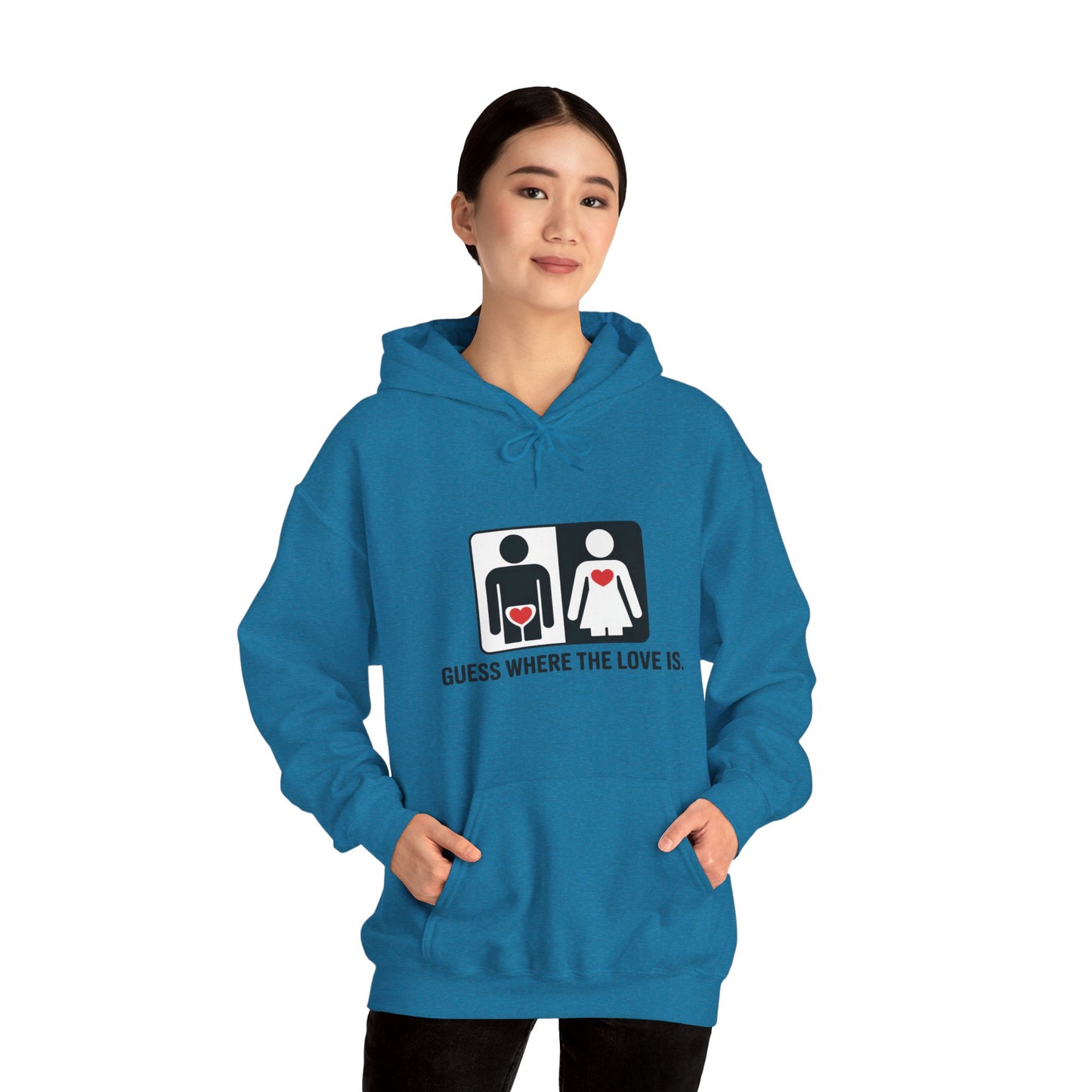 Cute Guess Where The Love Is Mens Hoodie, Sweatshirt for Couples, Valentines Day Gift, Relationship Humor Hoodie, Bold Love Joke Hoodie