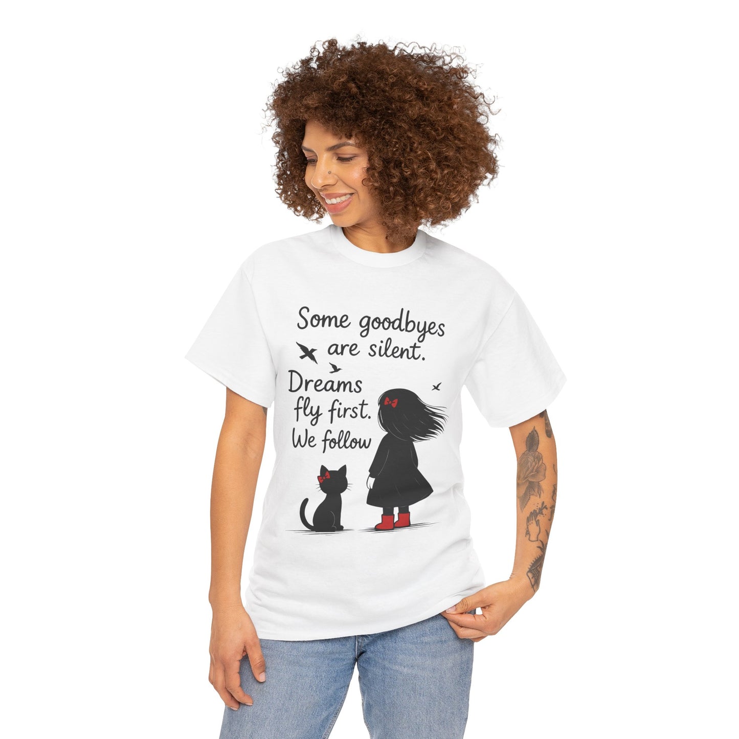 Emotional Hand Drawn Womens T-Shirt, Minimalist Red Dress Girl and Cat Graphic Tee, Cat Lover Gift