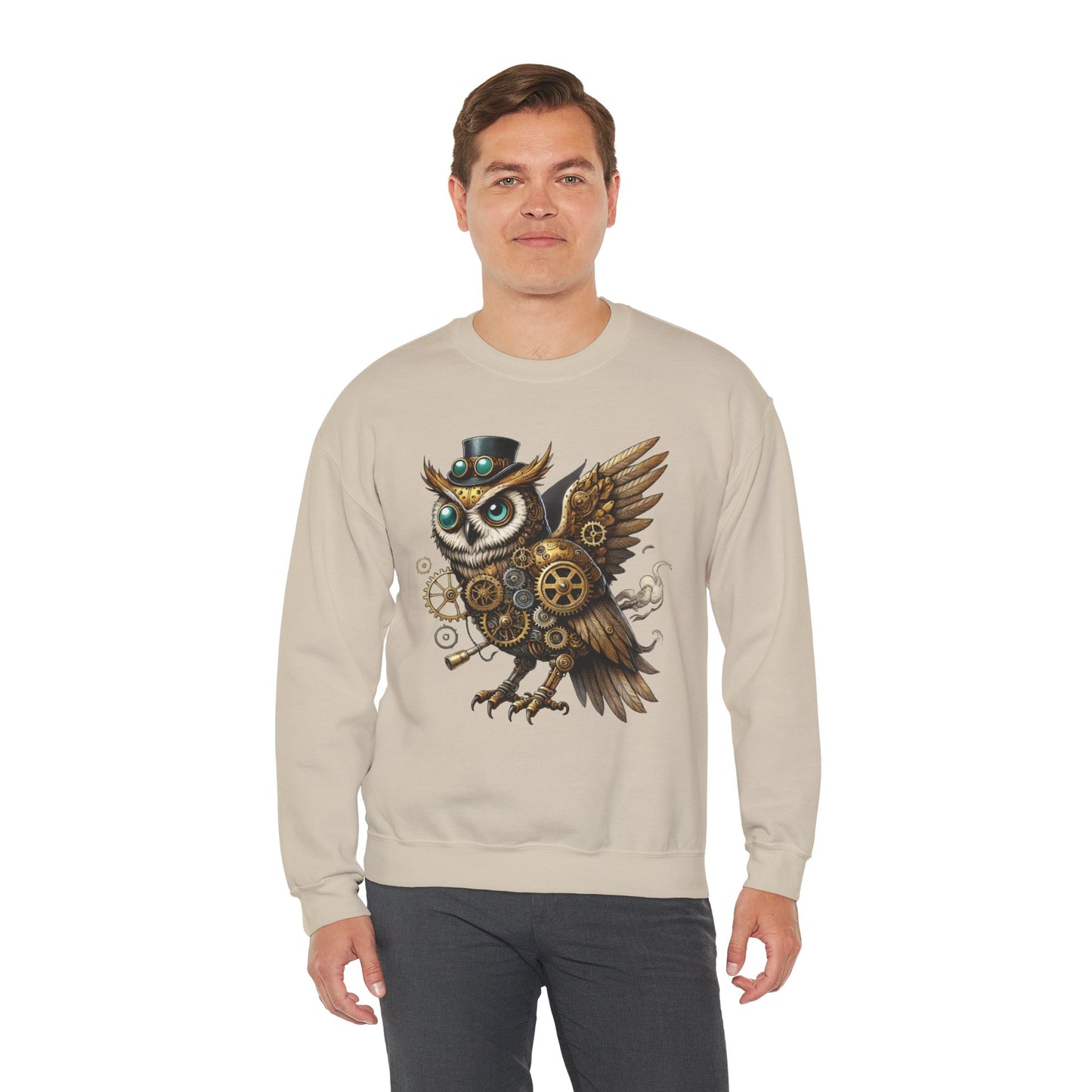 Steampunk Owl Unisex Crewneck Sweatshirt, Vintage Mechanical Gears Fantasy Bird Graphic Pullover, Gift for Owl Lovers