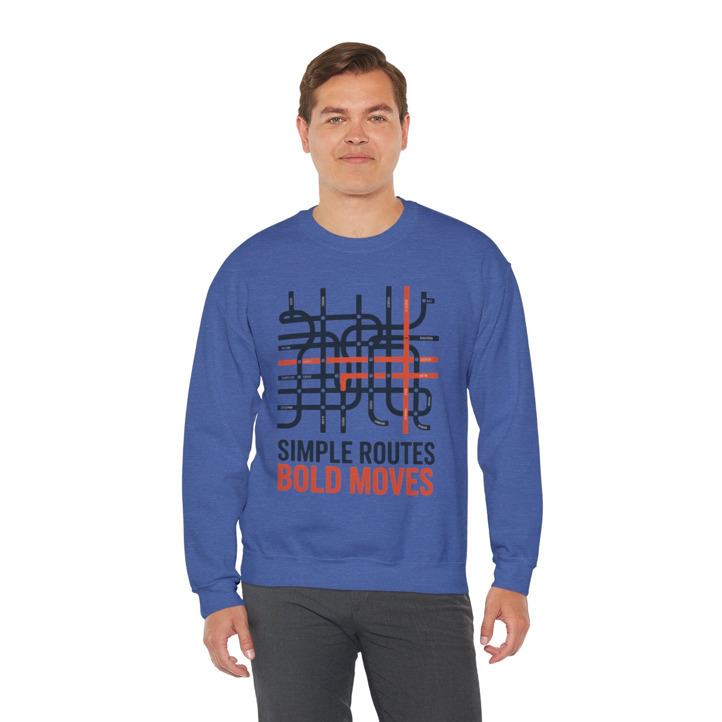 Men's Heavy Blend™ Crewneck Sweatshirt, Simple Routes Bold Moves Sweatshirt, Minimalist Metro Map Graphic Pullover