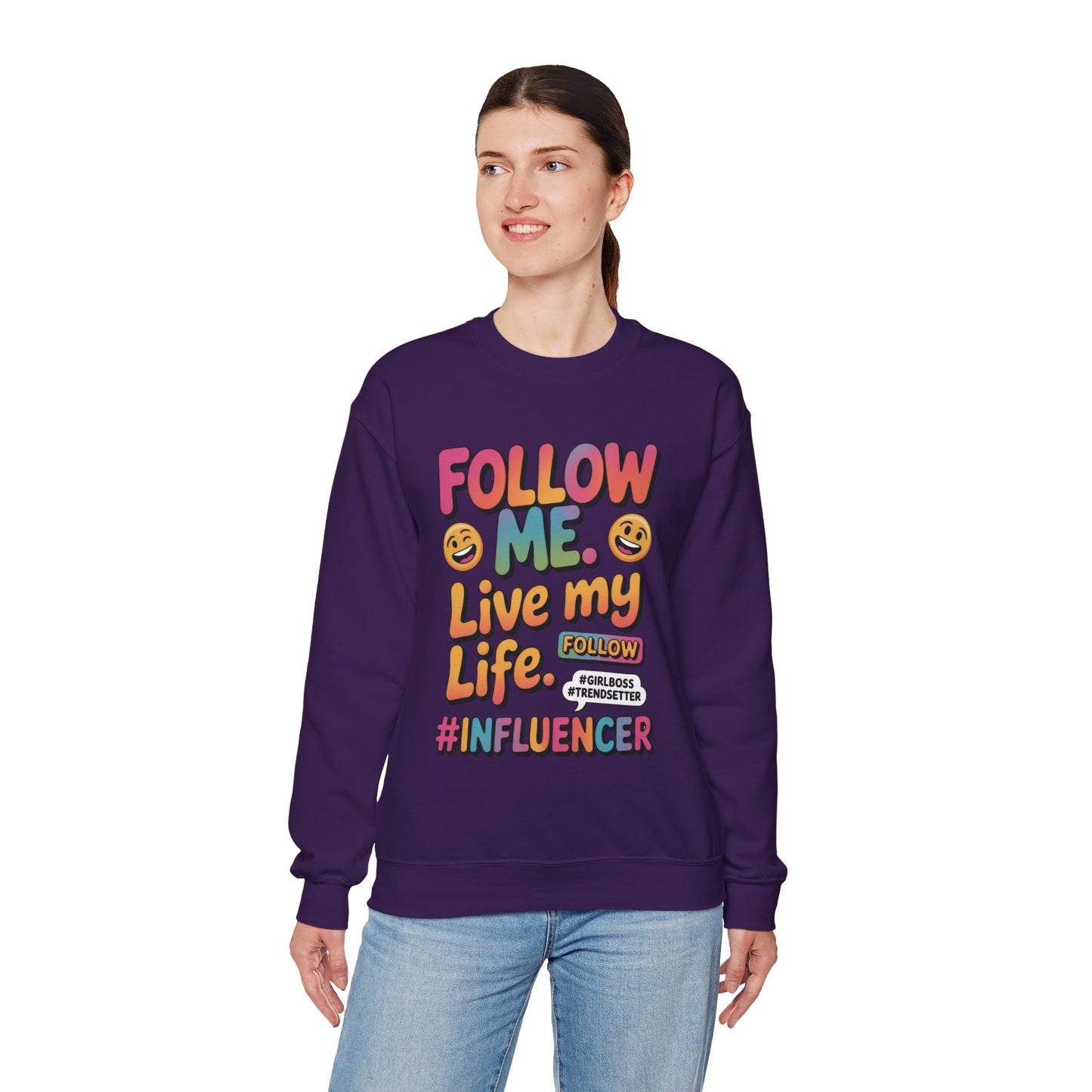 Womens Heavy Blend™ Crewneck Sweatshirt, Influencer Sweatshirt, Colorful Follow Me Live My Life Graphic Sweatshirt, Trendy GirlBoss Outfit