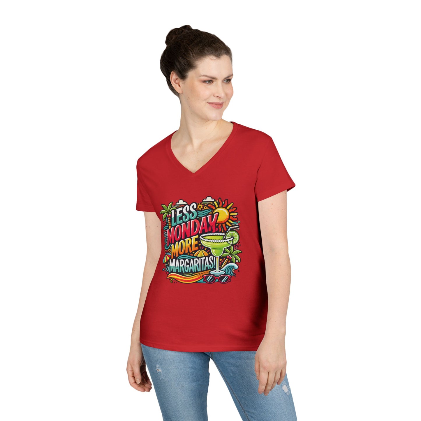 Less Monday More Margaritas Ladies' V-Neck T-Shirt, Funny Summer Cocktail Shirt, Tropical Vacation Tee for Women, Party Tee, Weekend Vibes