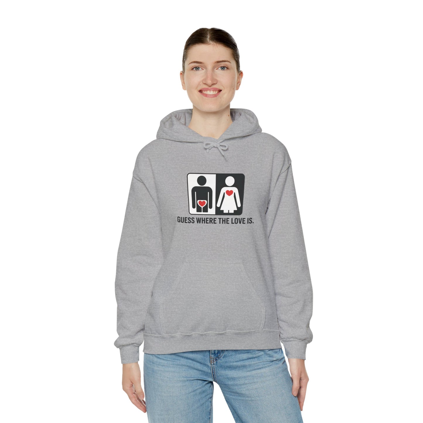 Cute Guess Where The Love Is Mens Hoodie, Sweatshirt for Couples, Valentines Day Gift, Relationship Humor Hoodie, Bold Love Joke Hoodie