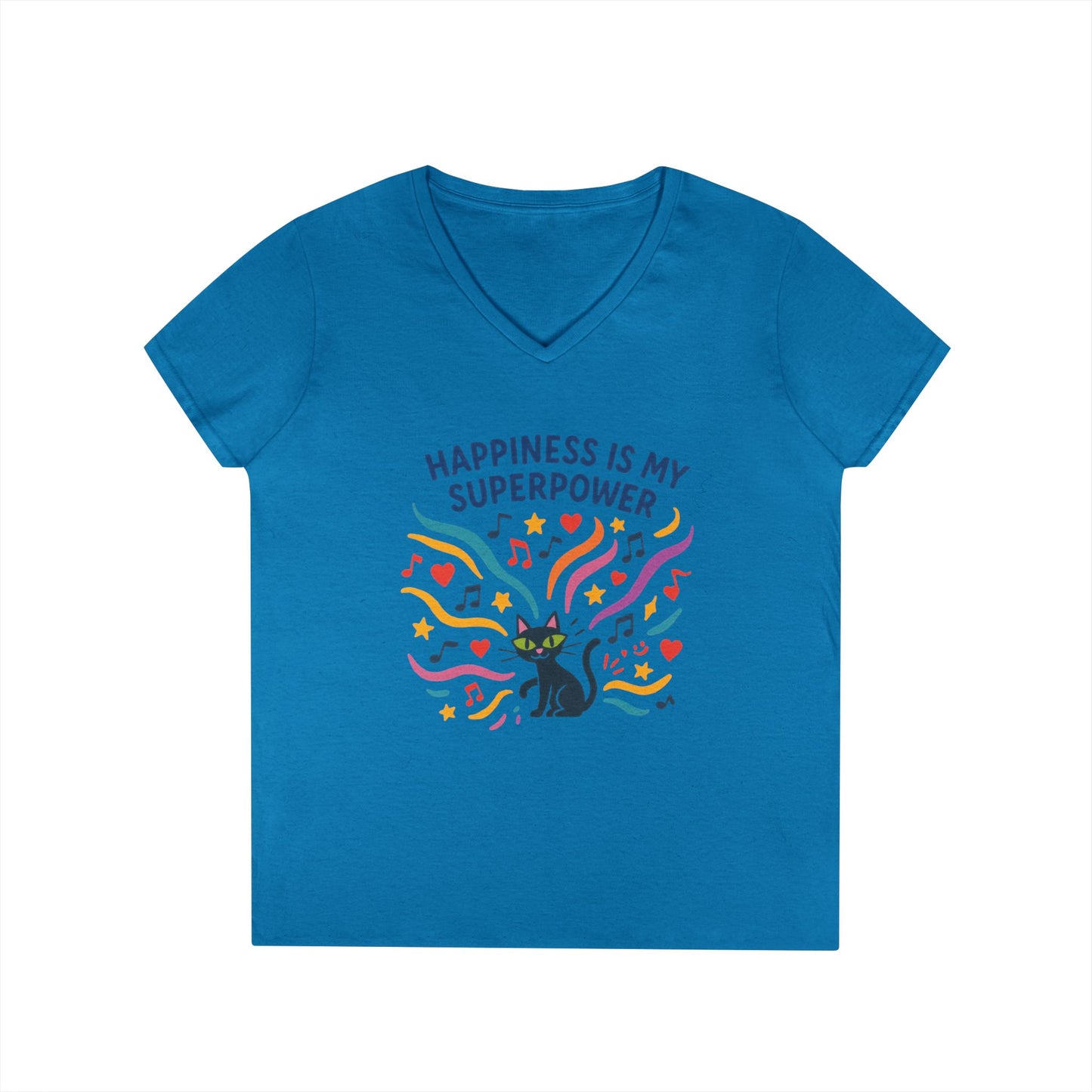 Happiness Is My Superpower V-Neck T-Shirt, Cat Lover Tee, Gift for Her, Cute Graphic Shirt, Music Enthusiast Apparel, Funny Cat Shirt