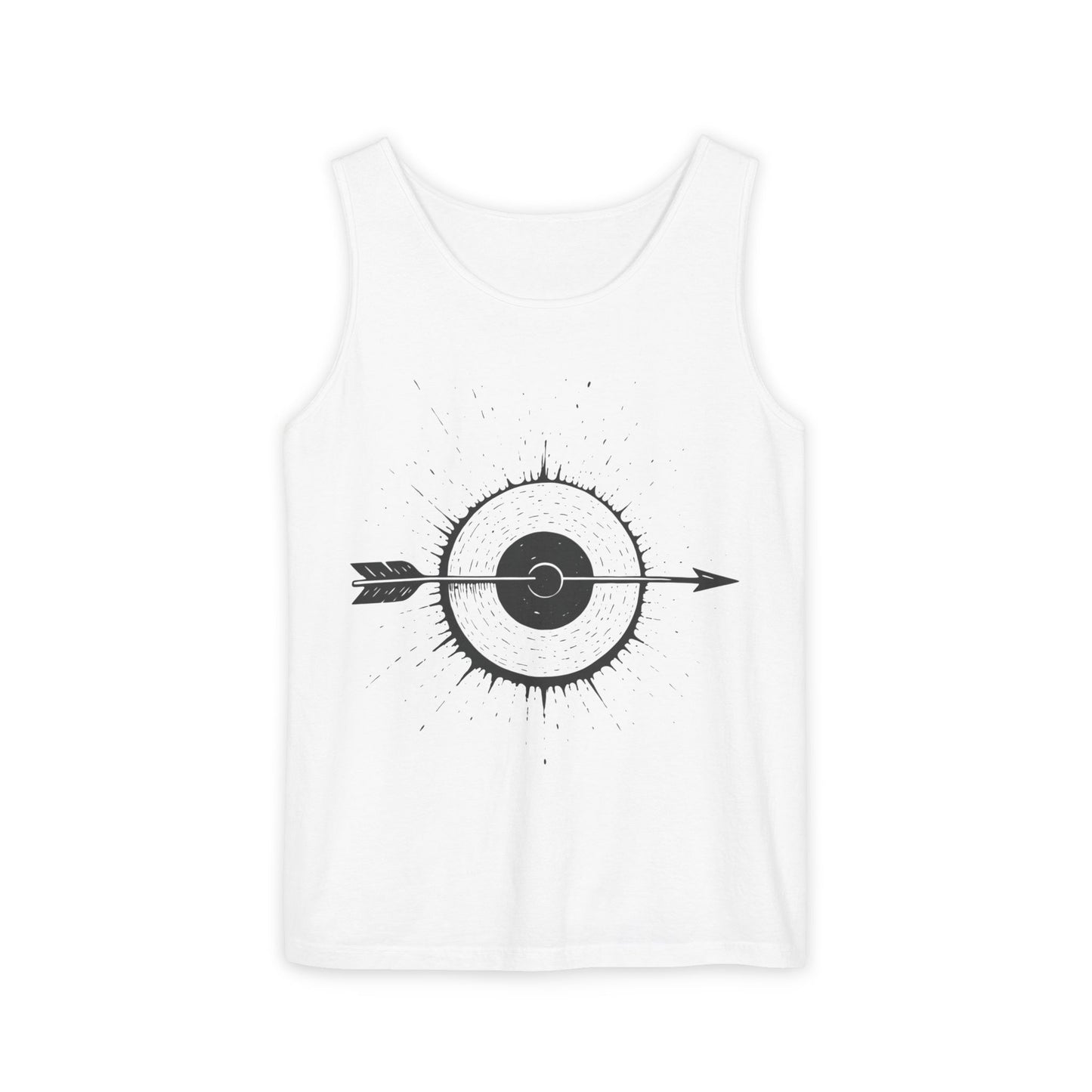 Mens Garment-Dyed Tank Top with Target Arrow Design, Casual Wear, Summer Essentials, Gym Wear, Gifts for Archery Lovers
