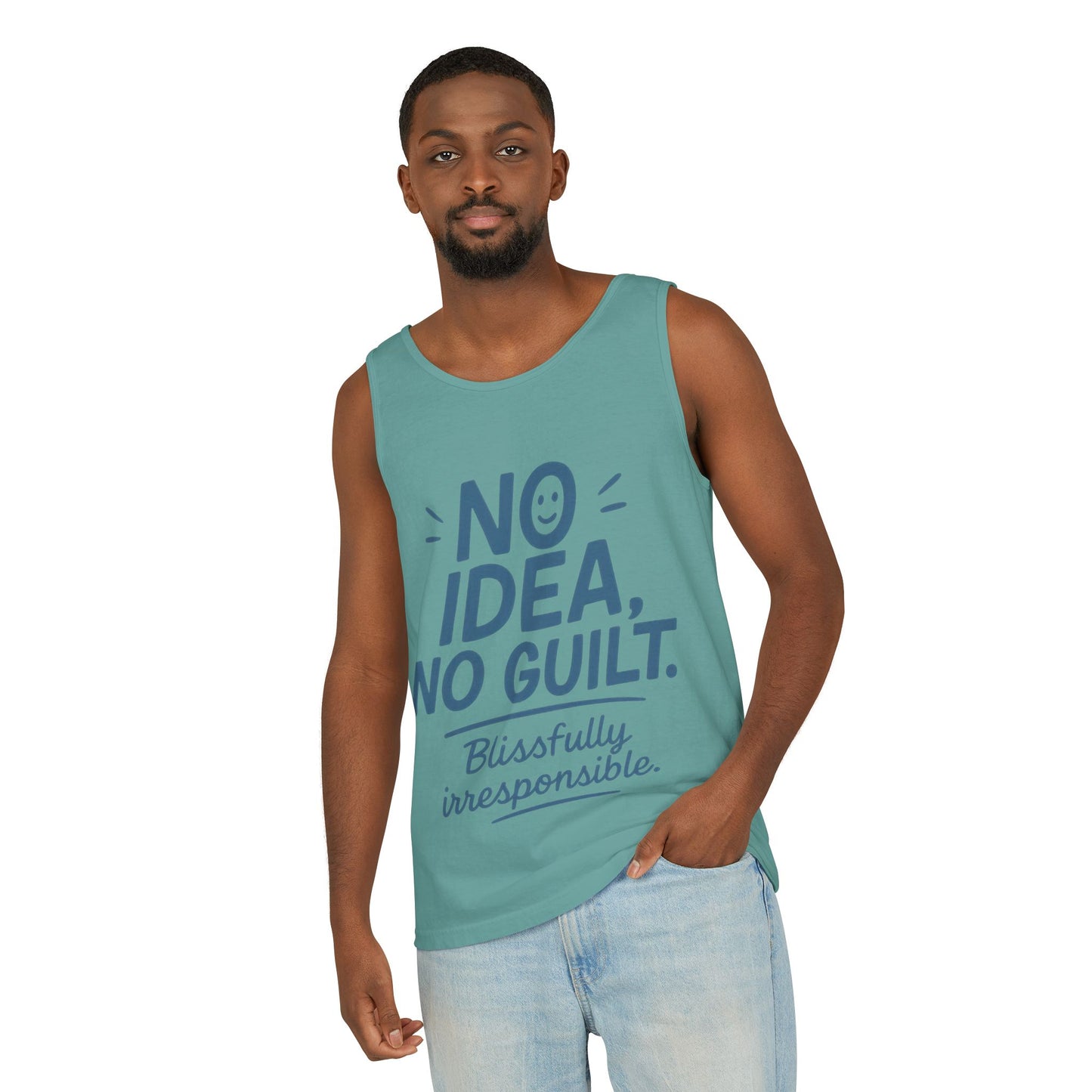 Mens Funny Tank Top, No Idea No Guilt Quote, Blissfully Irresponsible Gym Shirt, Casual Sleeveless Top, , Fun Party Shirt