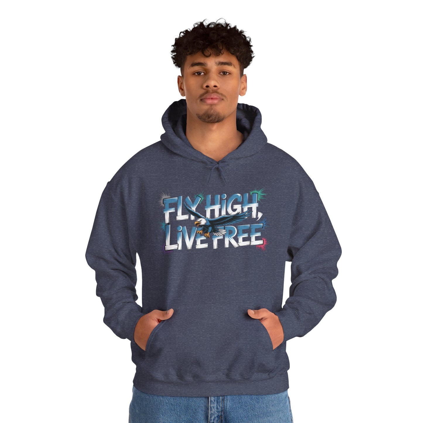 Mens Heavy Blend™ Hooded Sweatshirt, Fly High Live Free Eagle Mens Hoodie Streetwear
