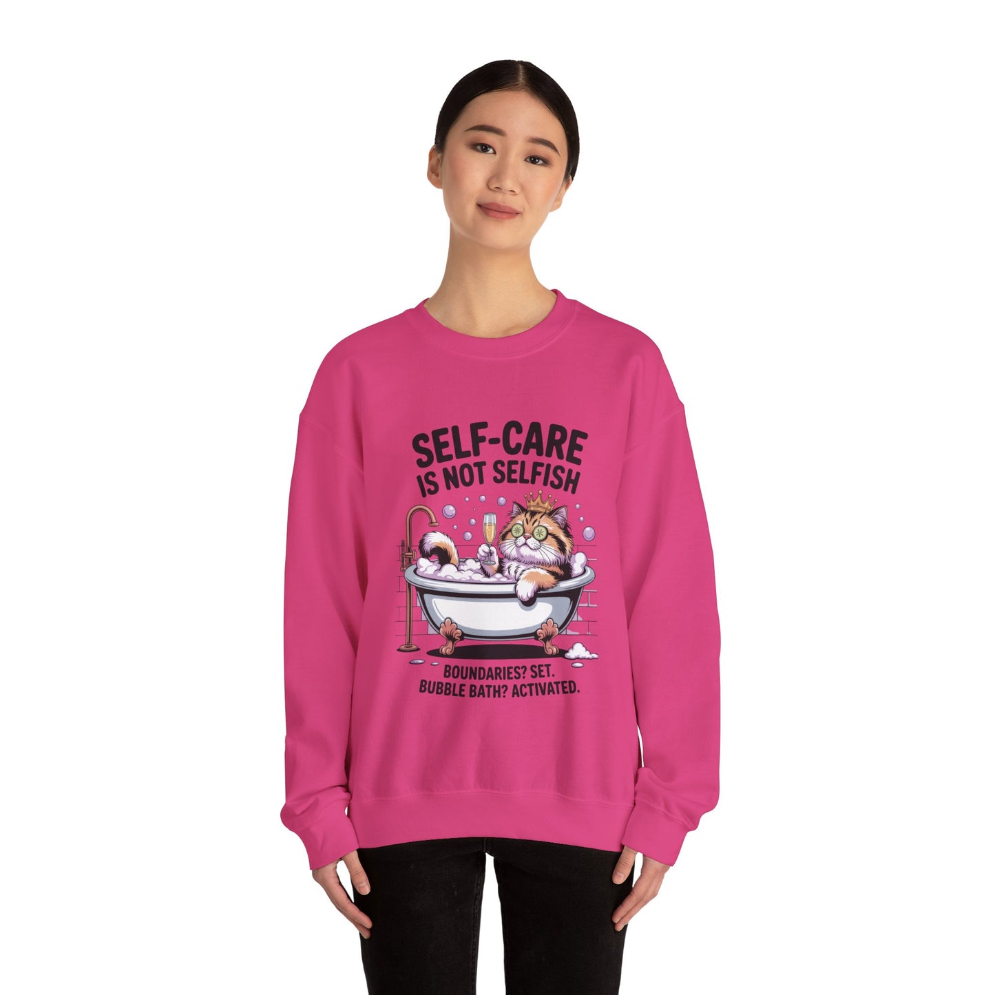 Womens Crewneck Sweatshirt, Self-Care Cat Shirt, Funny Cat Tee, Relaxing Kitty Graphic, Self Care Is Not Selfish Womens Sweatshirt
