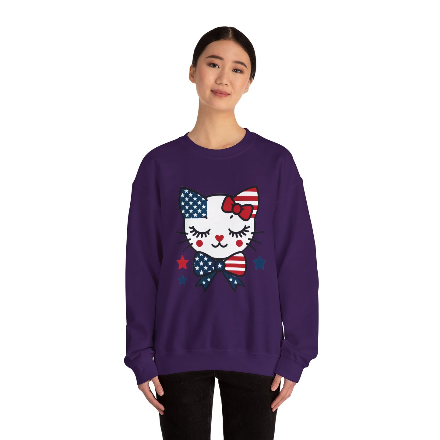 Cute Cat American Flag Sweatshirt, Women's Crewneck, Perfect for 4th of July, Women's Casual Wear, Cat Lovers Gifts