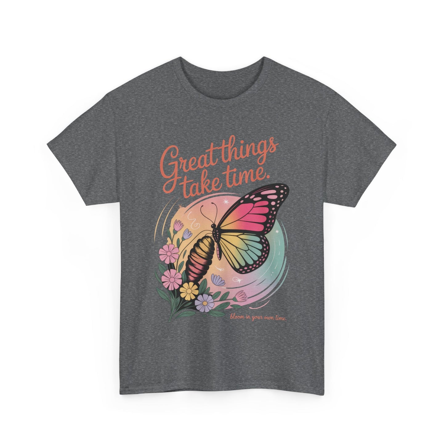 Butterfly Motivational Women's Heavy Cotton Tee, Great Things Take Time Shirt, Gift for Nature Lovers, Inspirational Apparel, Summer Outfit