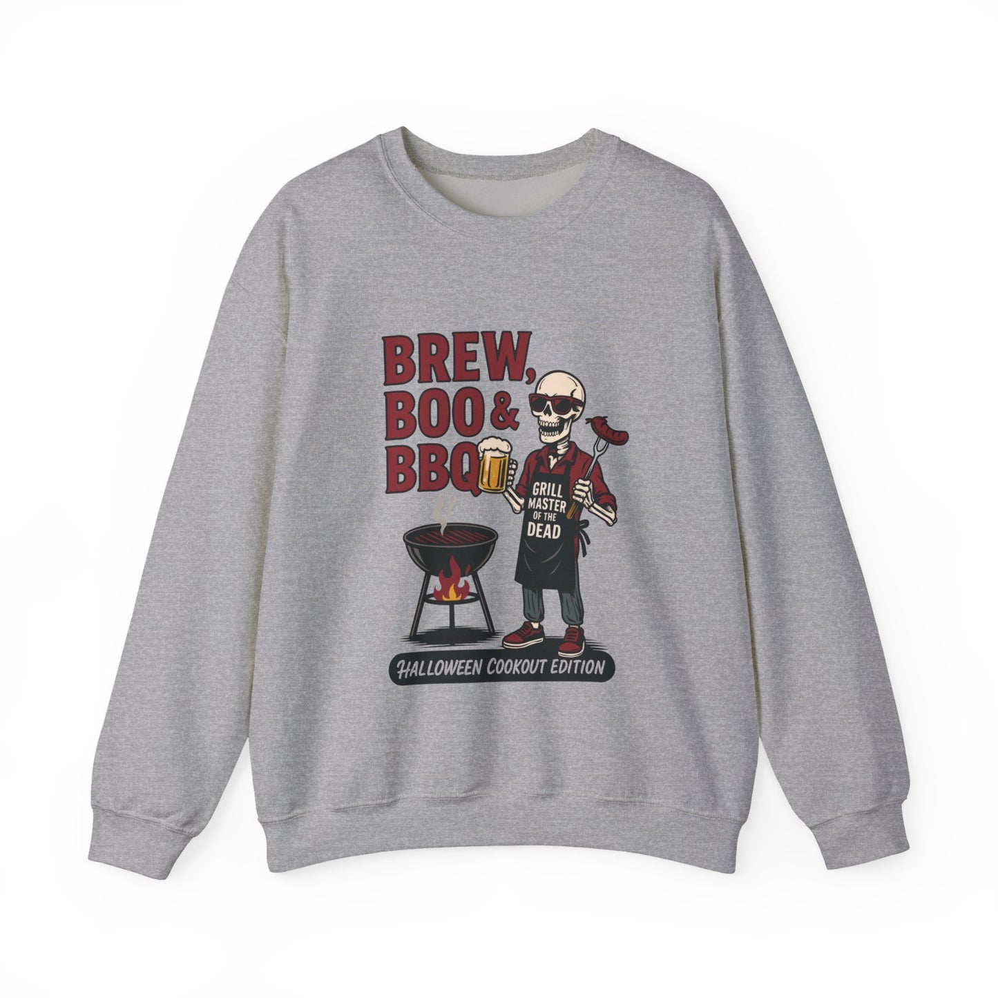 Halloween BBQ Men's Sweatshirt, Brew Boo & BBQ Skeleton Grill Master, Spooky Dad Gift, Skeleton Dad Sweat, Grill Master Crew