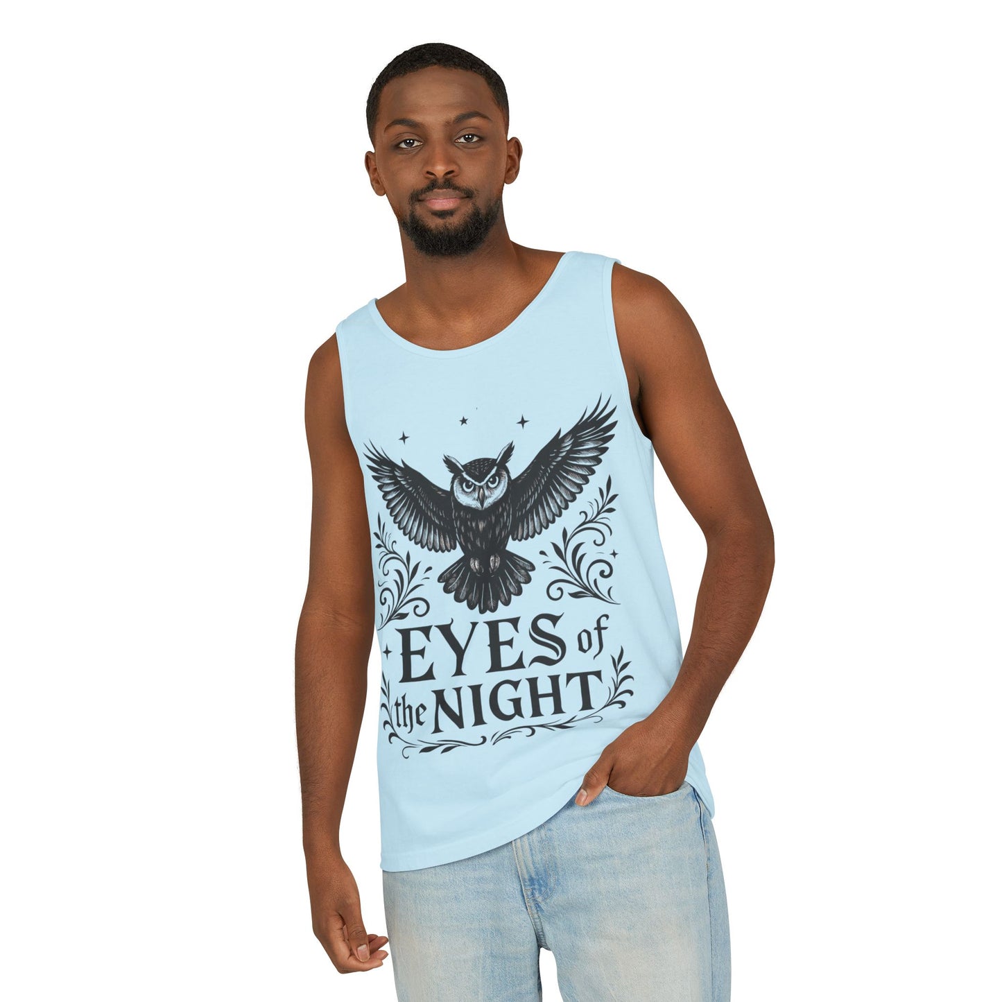 Eyes of the Night Owl Tank Top, Mens Summer Wear, Boho Aesthetic, Festival Outfit, Nature Lover Gift, Halloween Apparel