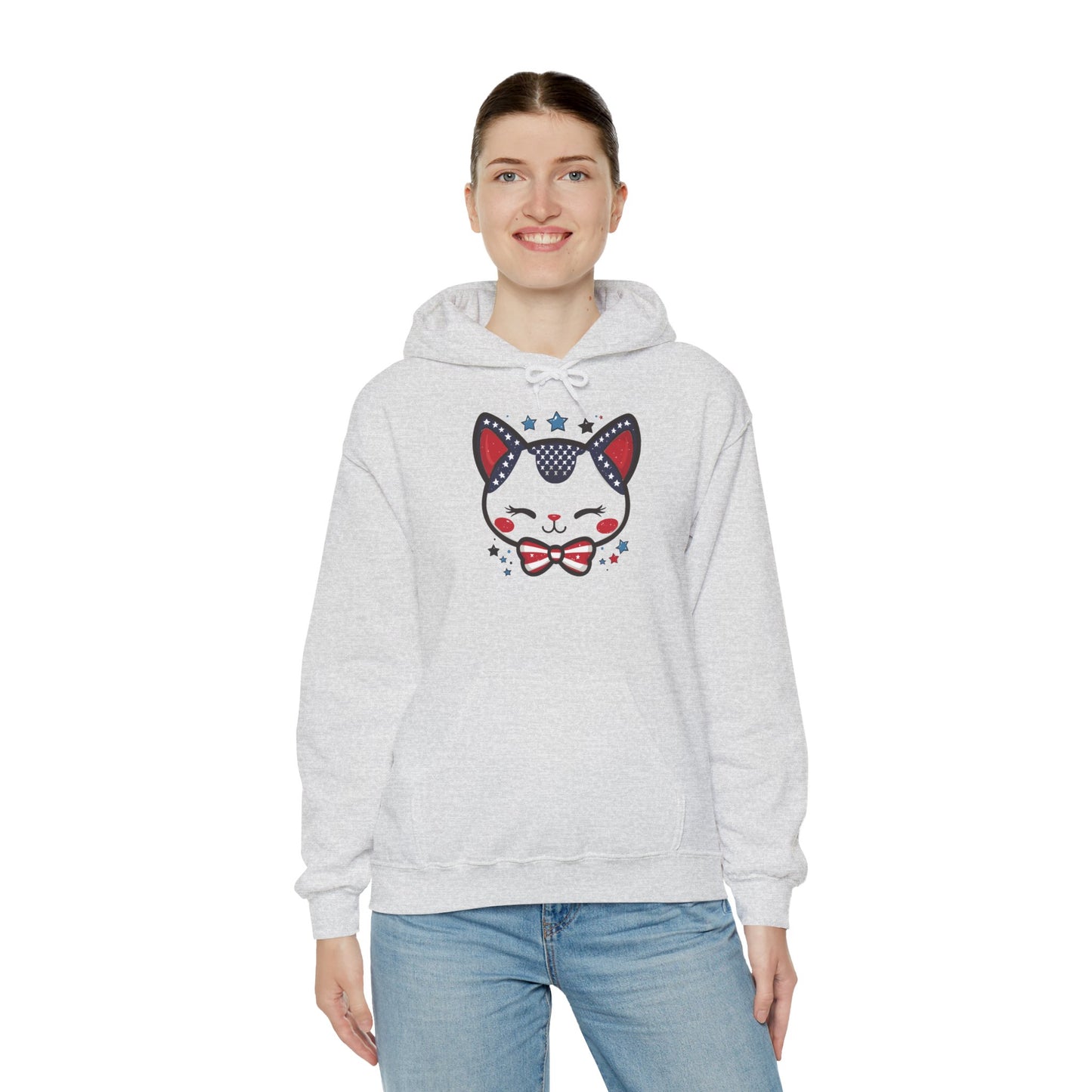 Cute Patriotic Cat -Themed Women's Hoodie, for Cat Lovers, Cute Gift for Pet Owners, Cozy Sweatshirt for All Seasons, Fourth of July Hoodie