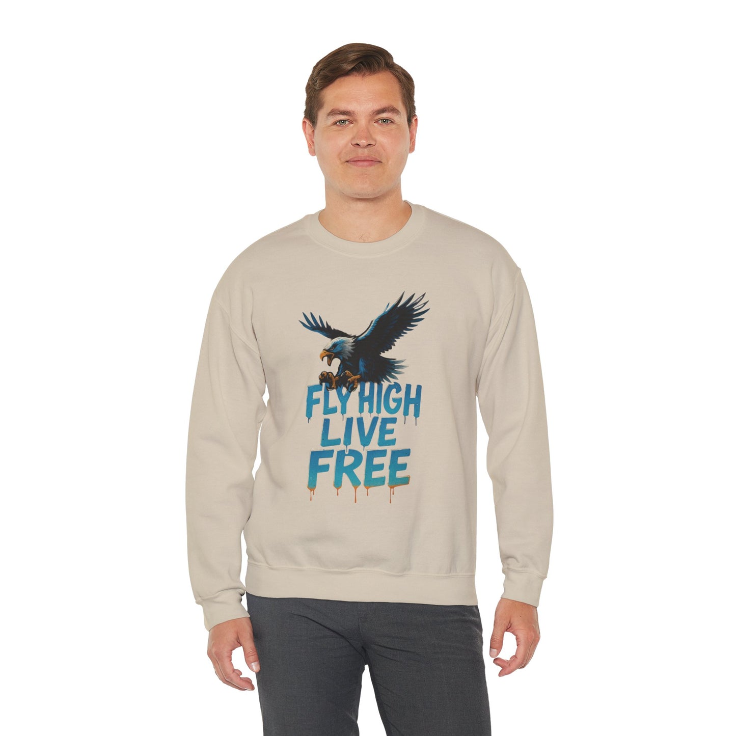 Mens Heavy Blend™ Crewneck Sweatshirt, Fly High Live Free Mens Eagle Graphic Sweatshirt