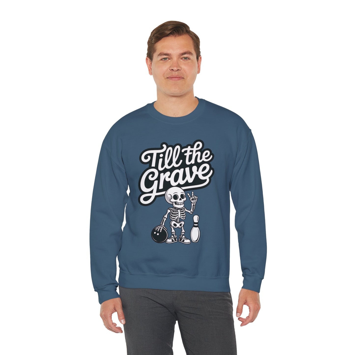 Funny Skeleton Bowling Mens Pullover, Halloween Apparel, Funny Skeleton Bowling Shirt, Casual Mens Crewneck, Cool Bowler Skull Crewneck