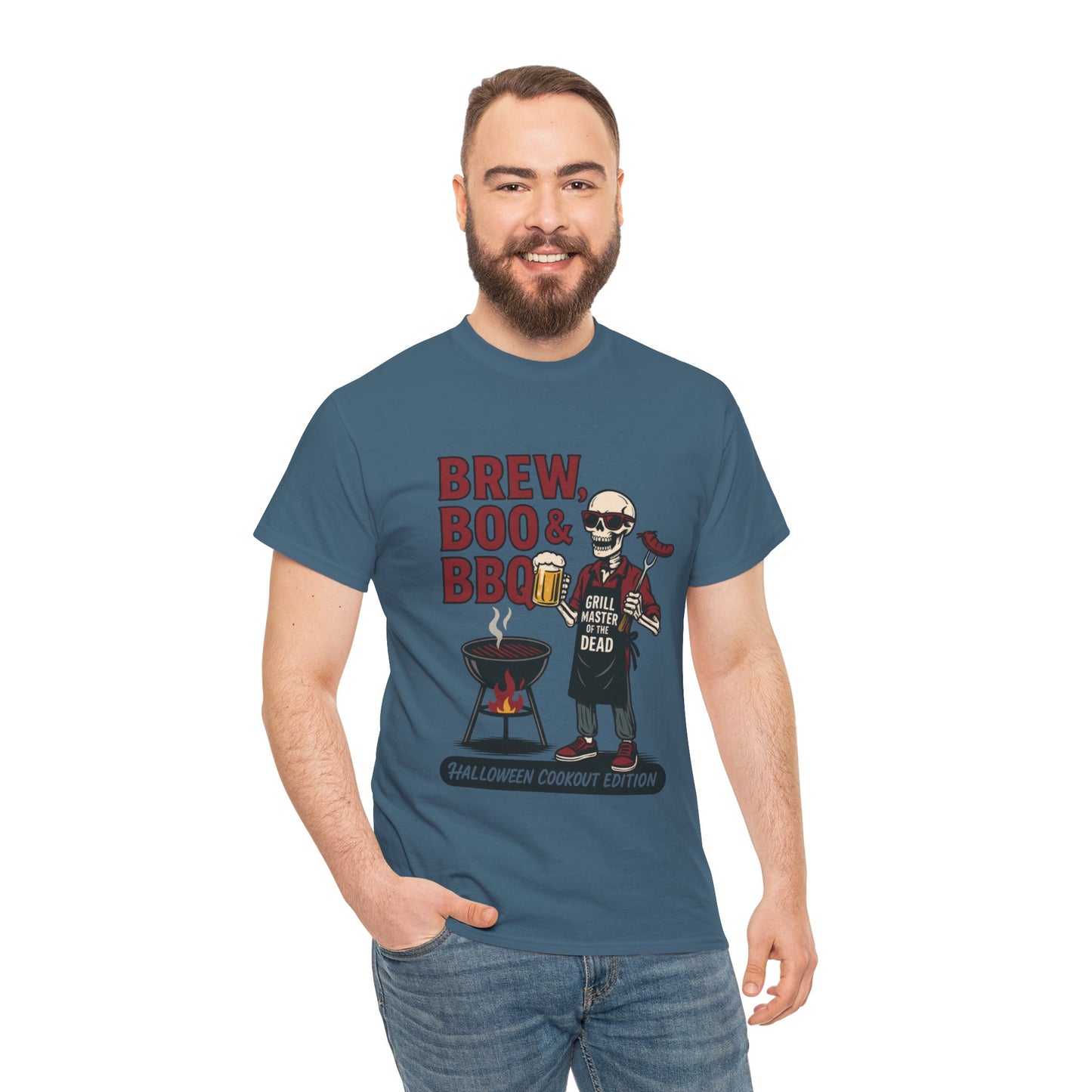 Halloween BBQ Men's T-Shirt, Brew Boo & BBQ Skeleton Grill Master Tee, Funny Dad Gift, Grill Master Tee, Grill Dad Halloween