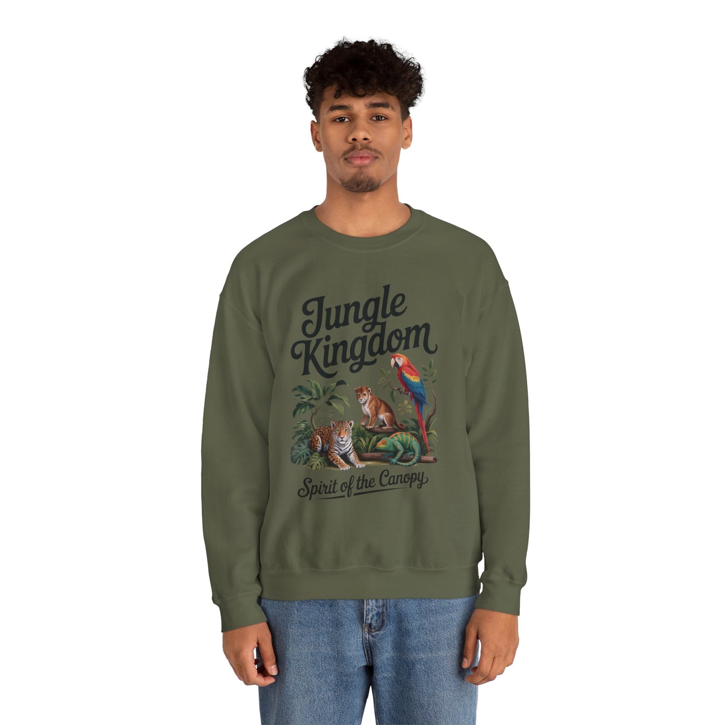 Jungle Kingdom Mens Sweatshirt, Cozy Jungle Crewneck, Nature Lover Gift, Wildlife Artwork, Eco-Conscious Apparel, Animal Enthusiast Clothing