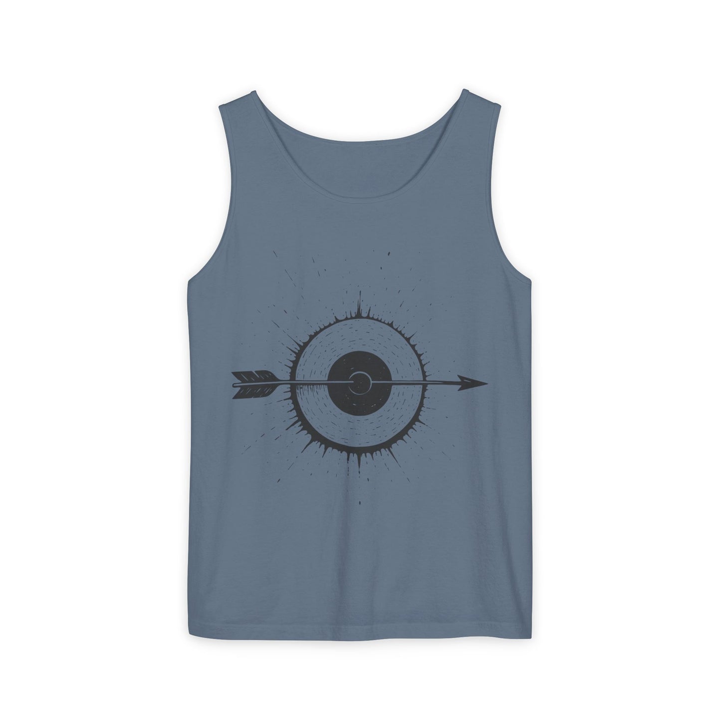 Mens Garment-Dyed Tank Top with Target Arrow Design, Casual Wear, Summer Essentials, Gym Wear, Gifts for Archery Lovers