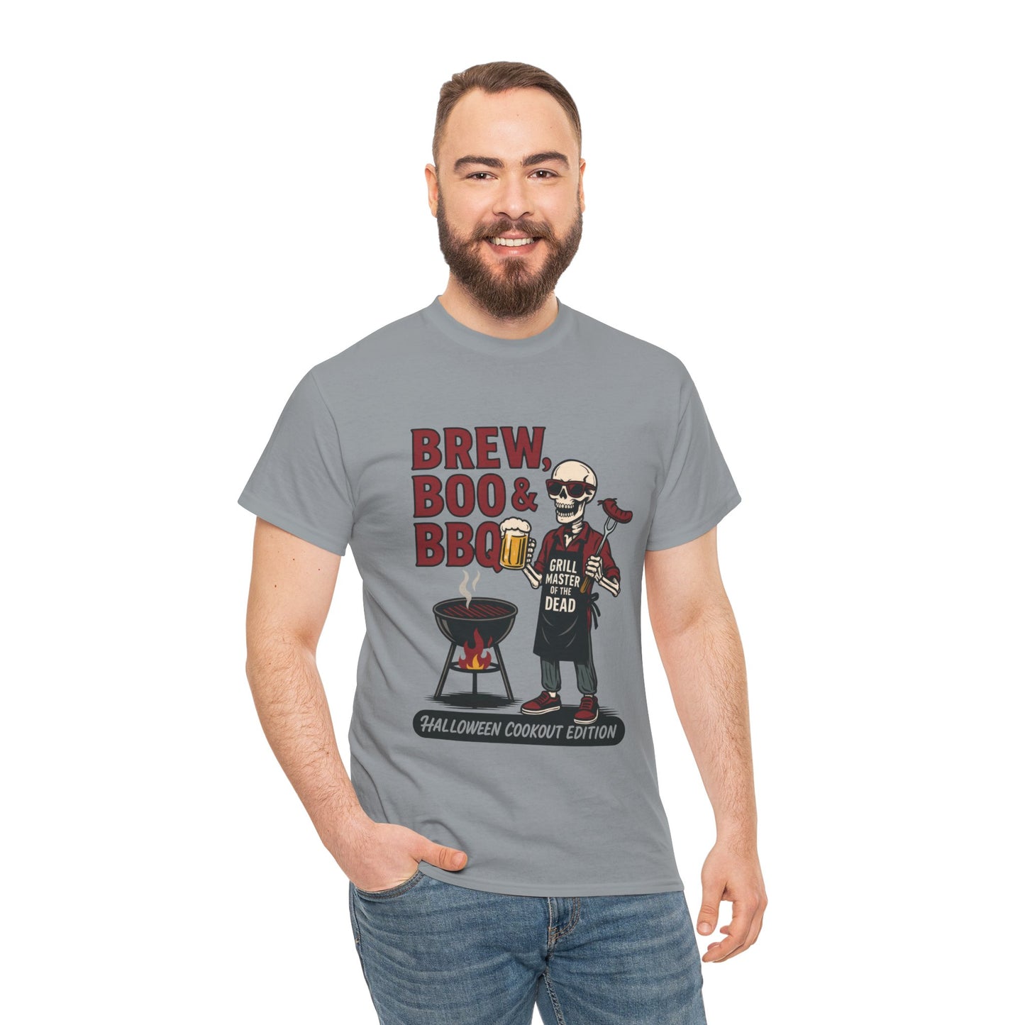 Halloween BBQ Men's T-Shirt, Brew Boo & BBQ Skeleton Grill Master Tee, Funny Dad Gift, Grill Master Tee, Grill Dad Halloween