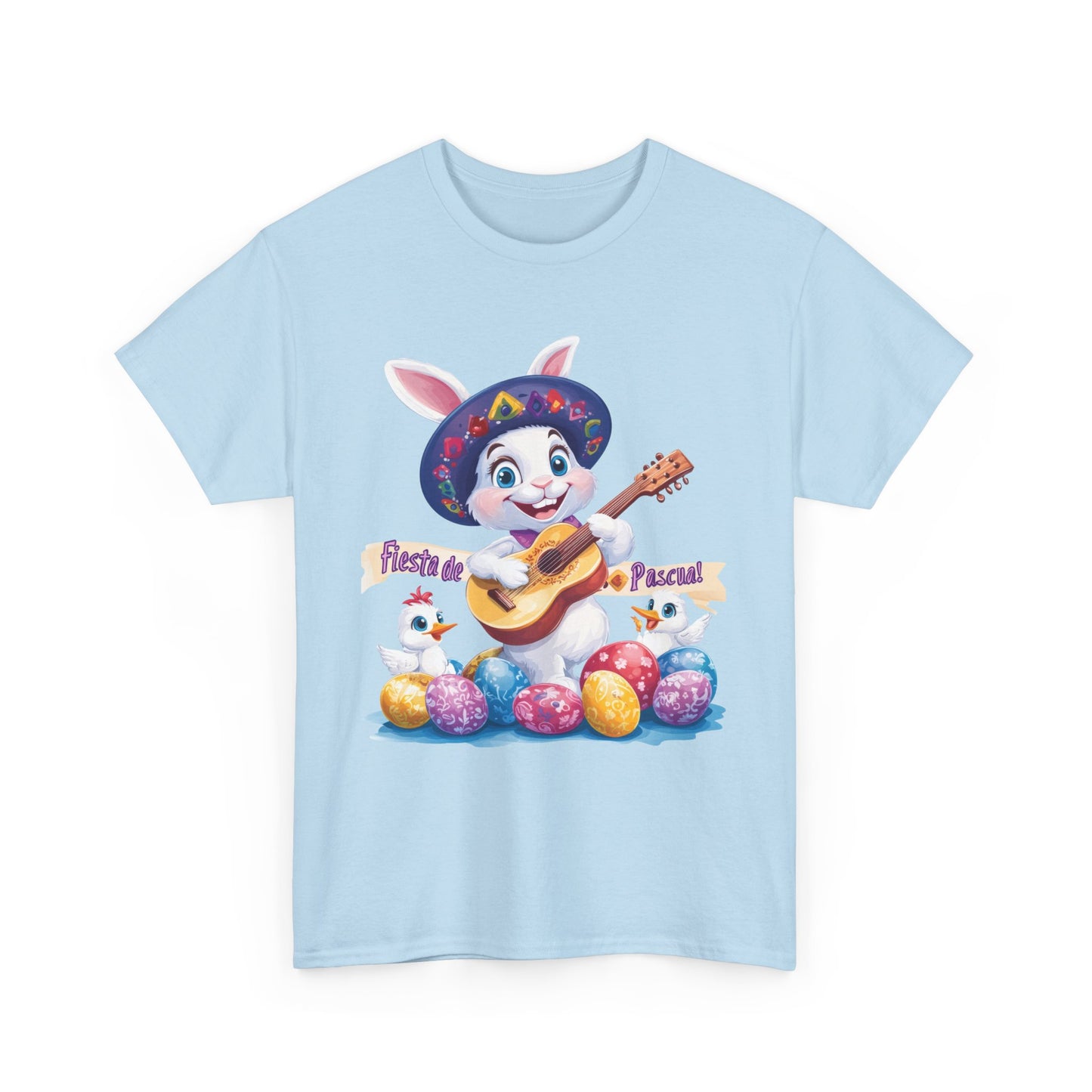 Fiesta de Pascua Bunny Shirt, Funny Easter Rabbit Playing Guitar Tee, Colorful Unisex Heavy Cotton T-Shirt, Cute Holiday Celebration Gift
