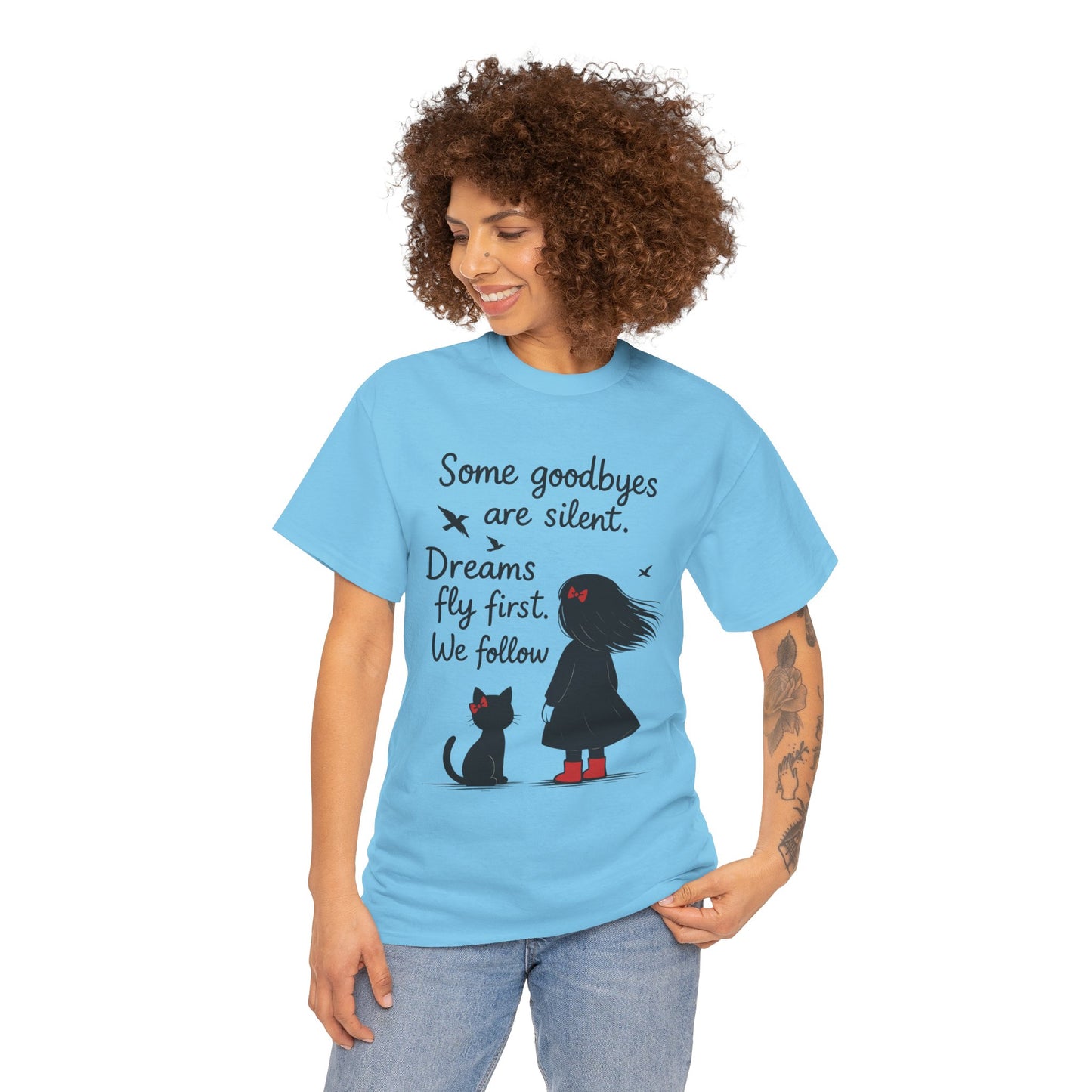 Emotional Hand Drawn Womens T-Shirt, Minimalist Red Dress Girl and Cat Graphic Tee, Cat Lover Gift