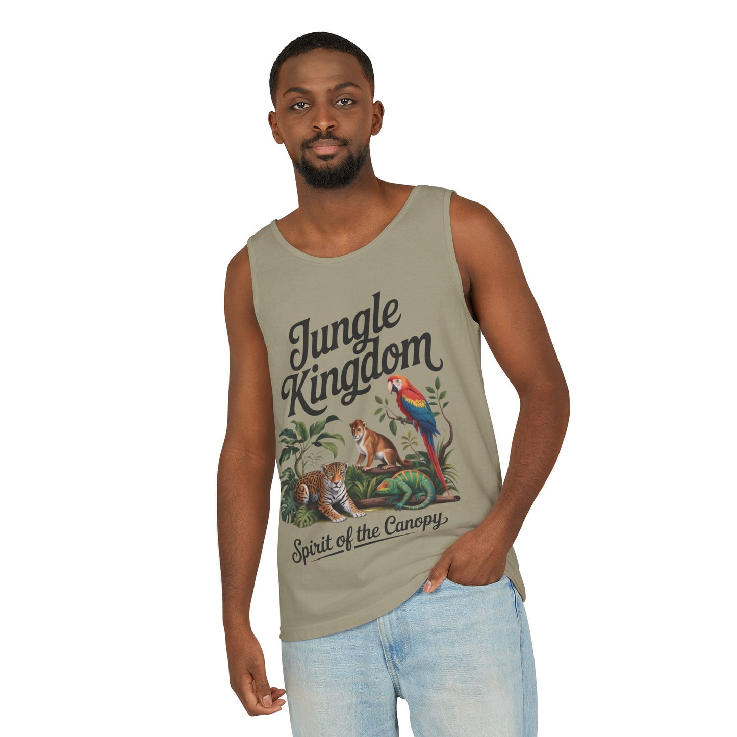 Jungle Kingdom Tank Top, Mens Garment-Dyed Sleeveless Shirt, Spirit of the Canopy Tee, Summer Outfit, Eco-Friendly Casual Wear
