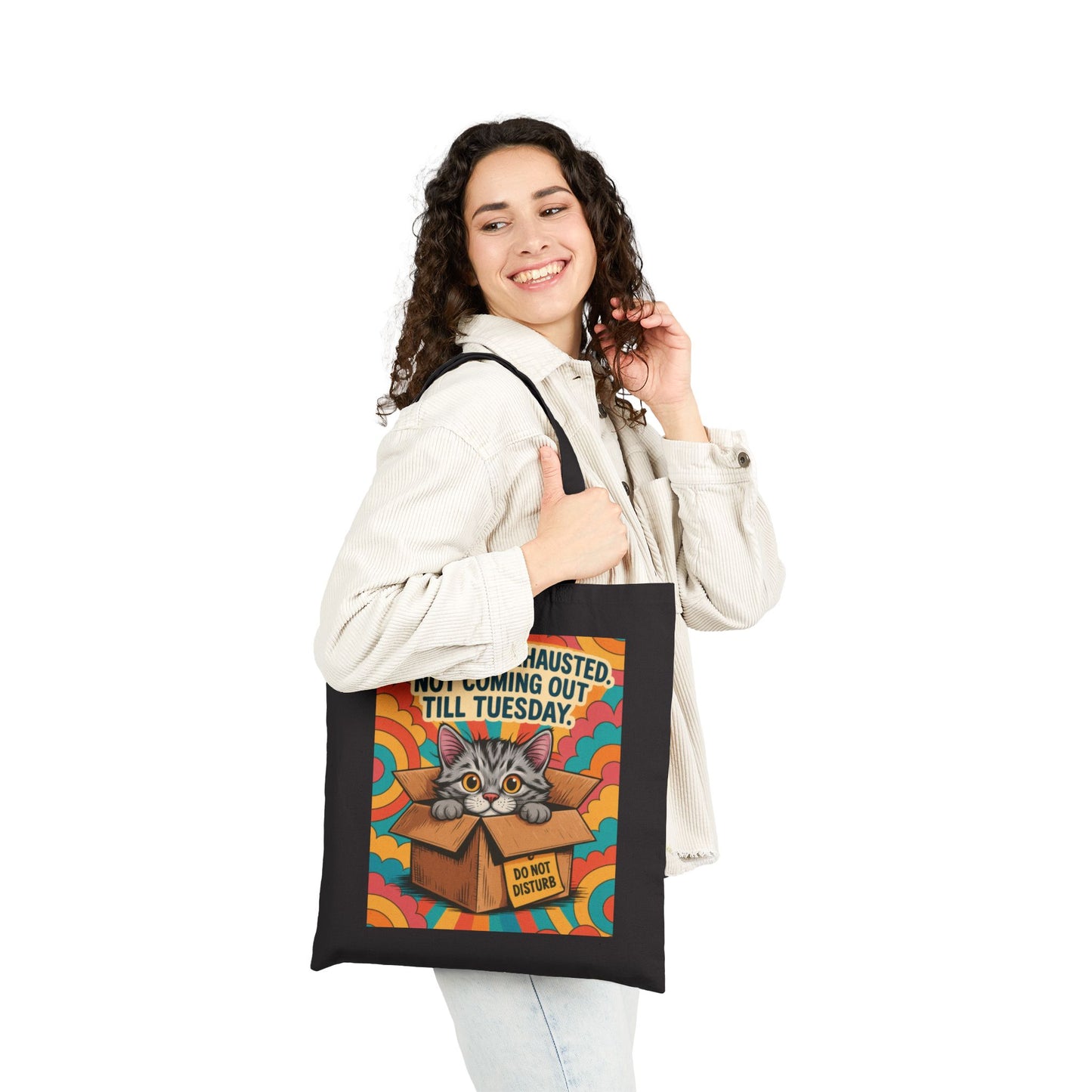 Socially Exhausted Cat Tote Bag, Funny Retro Cat in Box Canvas Bag, Do Not Disturb Comic Bag, Gift for Cat Lovers, Weekend Vibes