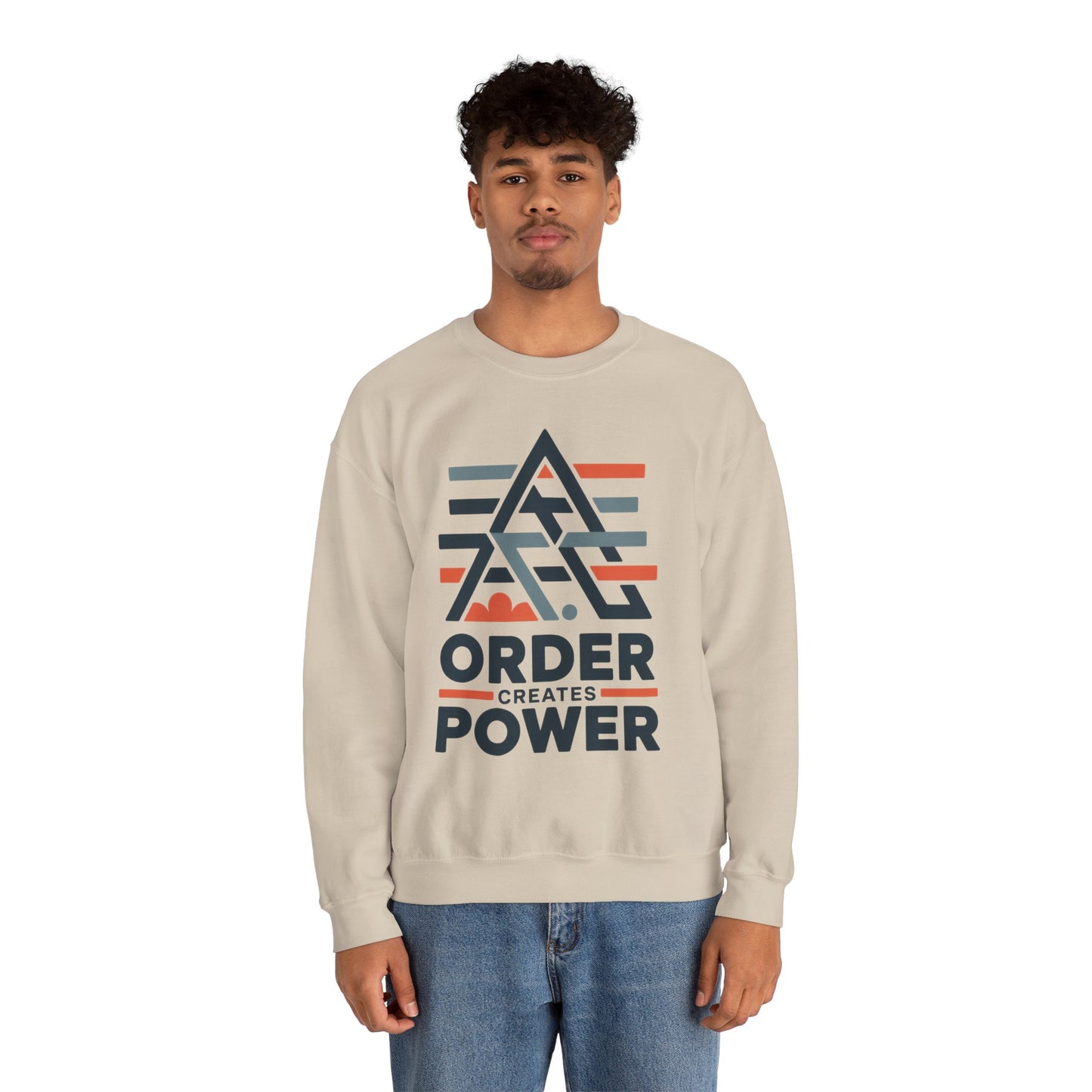 Men's Sweatshirt Order Creates Power, Minimal Geometric Motivational Graphic Pullover, Heavy Blend™ Crewneck Sweatshirt