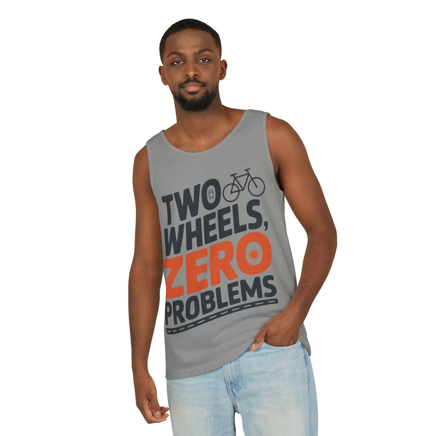 Mens Garment-Dyed Tank Top, Two Wheels Zero Problems Mens Cycling Graphic Tank, Gift for Cyclists