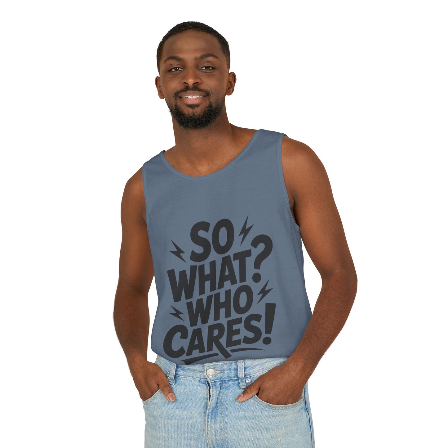 Mens Tank Top, "So What? Who Cares!", Casual Summer Wear, Beach Trip, Festival Outfit, Lightning Print, Sarcastic Summer Tee, Gym Tank