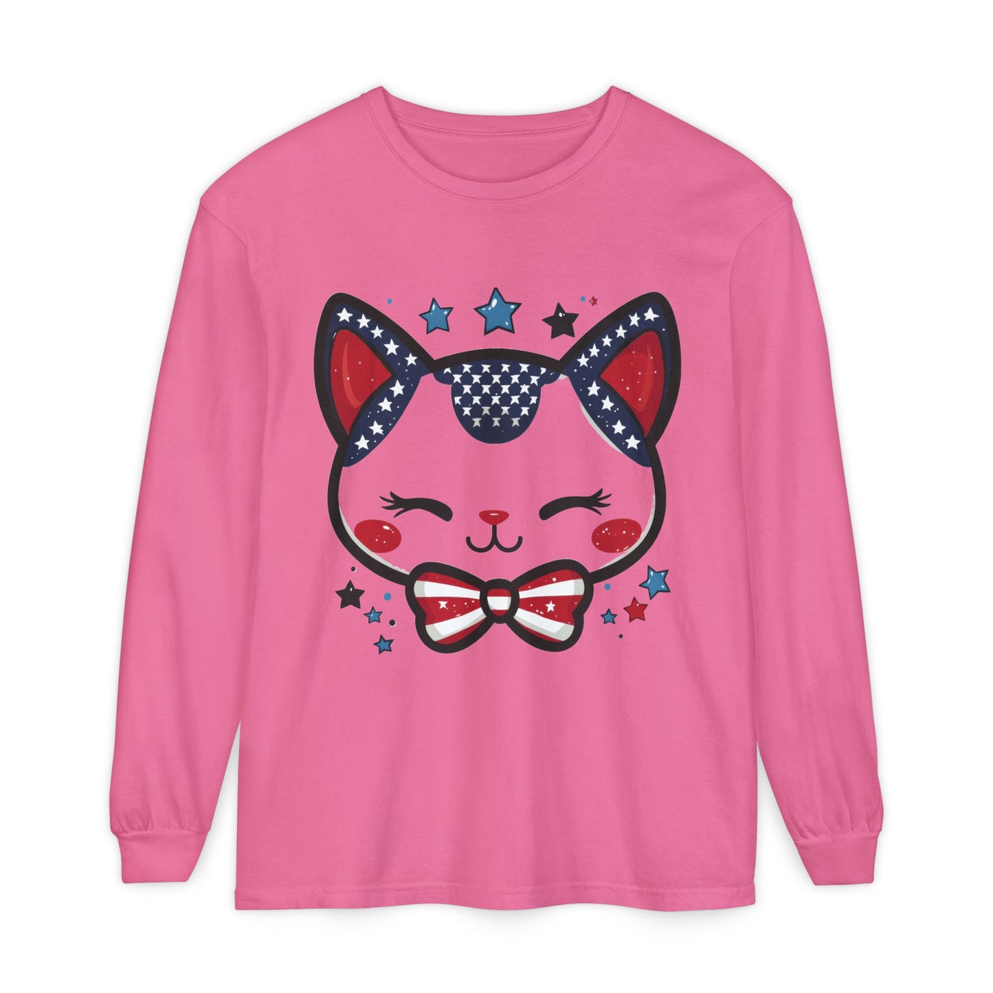 Cute Patriotic Cat Long Sleeve Women's T-Shirt, Fourth of July, Cat Lovers Gift, Casual Wear, Perfect for Holidays and Celebrations