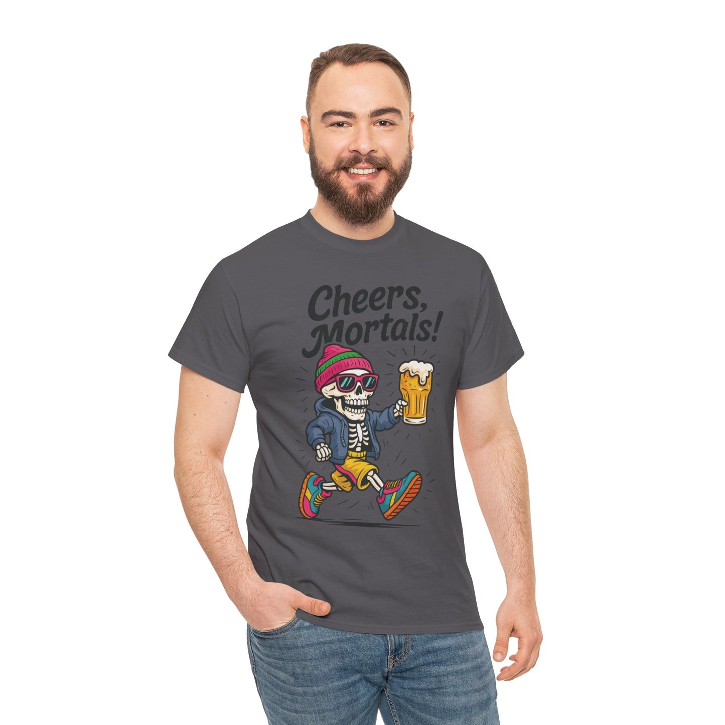 Cheers, Mortals! Mens Tee, Funny Skeleton Beer Graphic Tee, Cool Drinking Humor Shirt, Party Gift for Him, Halloween Tee, Beer Lovers Gift