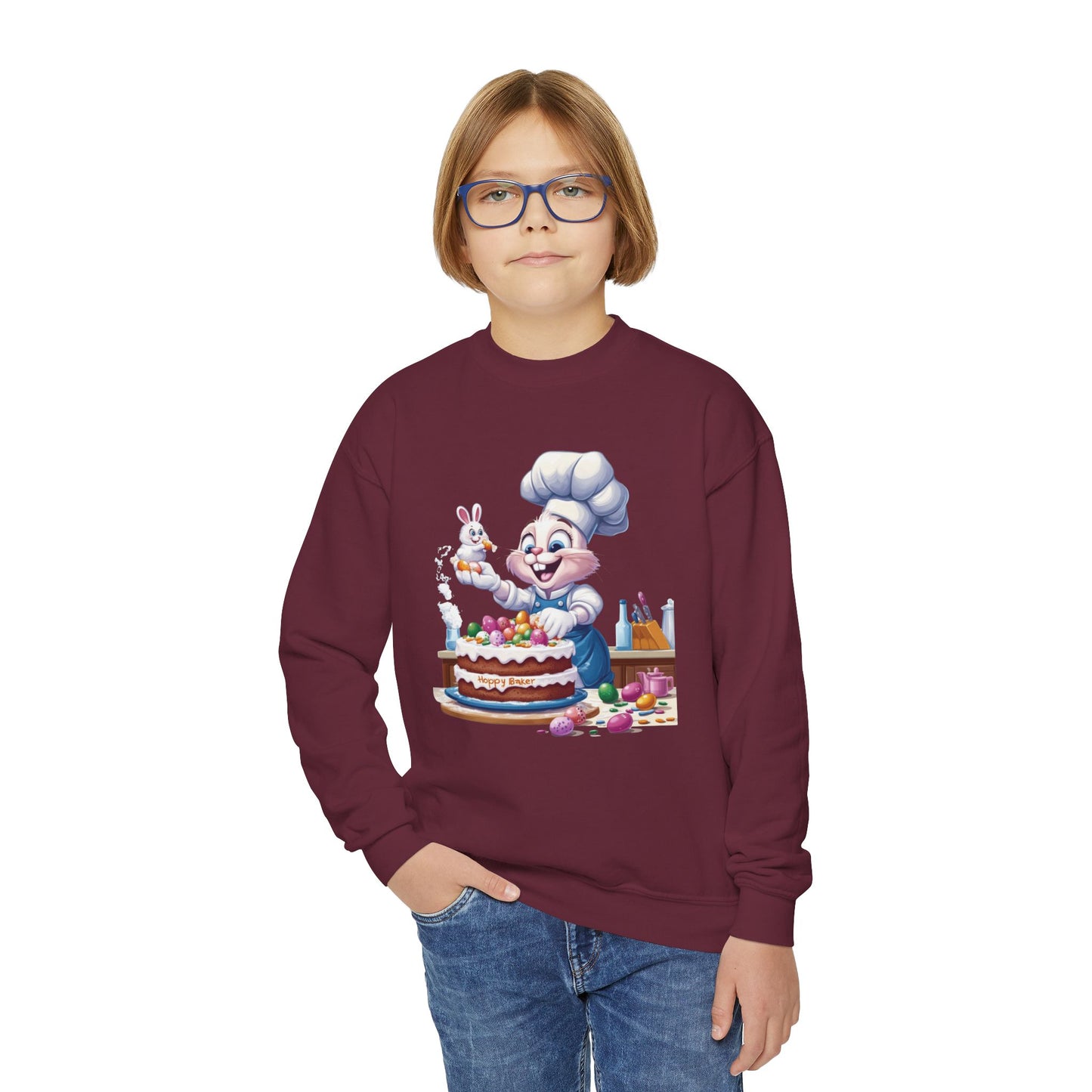 Hoppy Baker Easter Bunny Youth Sweatshirt - Cute Spring Crewneck for Kids with Chef Bunny and Cake, Fun Holiday Gift for Easter Lovers