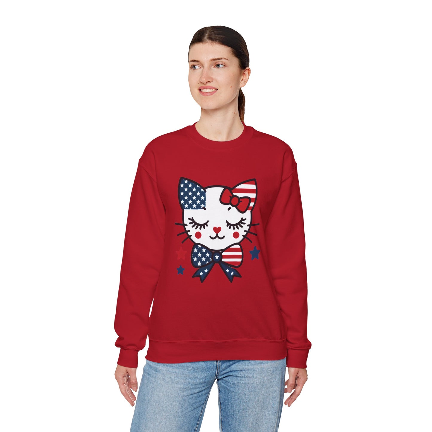 Cute Cat American Flag Sweatshirt, Women's Crewneck, Perfect for 4th of July, Women's Casual Wear, Cat Lovers Gifts