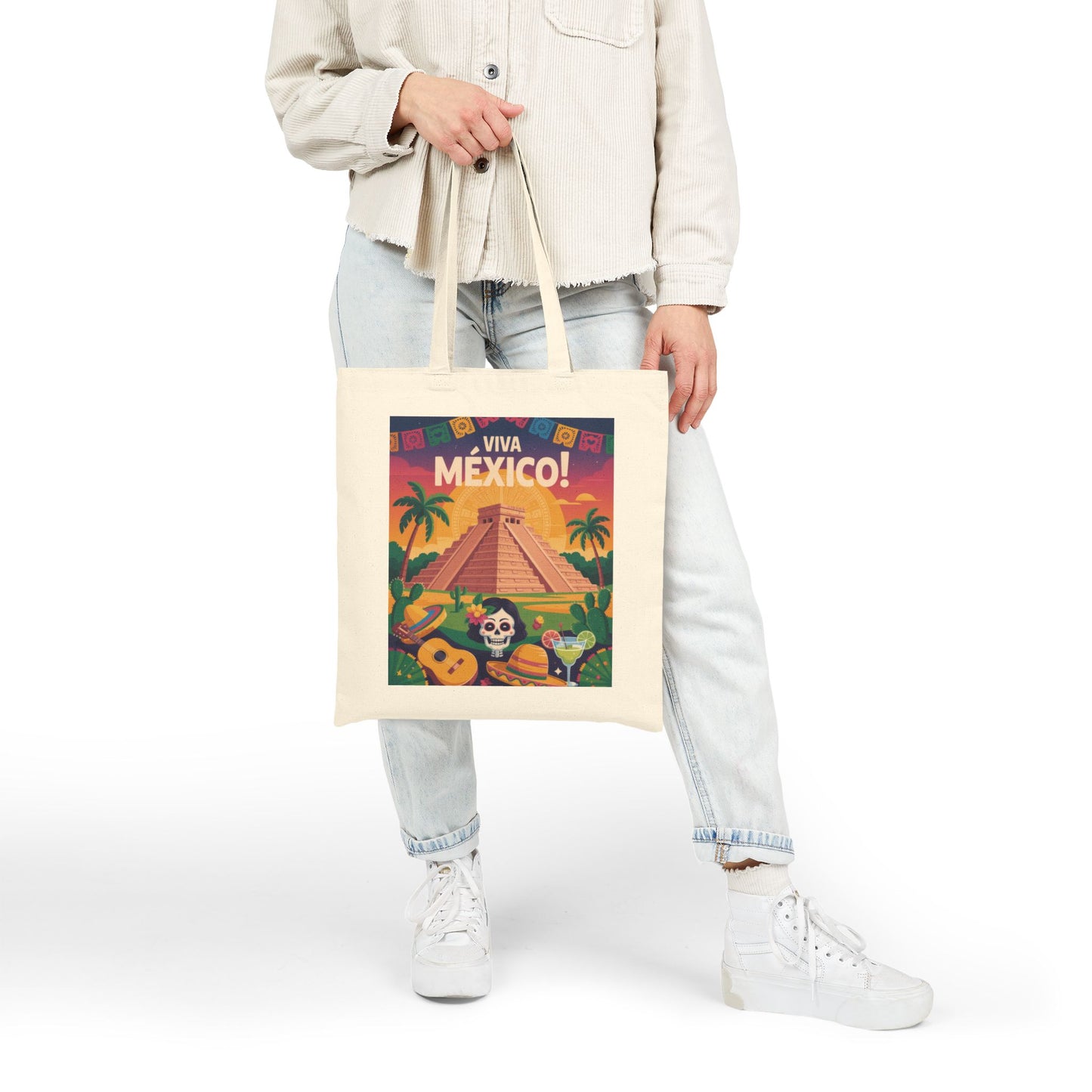 Viva Mexico Cotton Canvas Tote Bag, Eco-Friendly Grocery Bag, Bohemian Beach Bag, Travel Tote, Day of the Dead Gift
