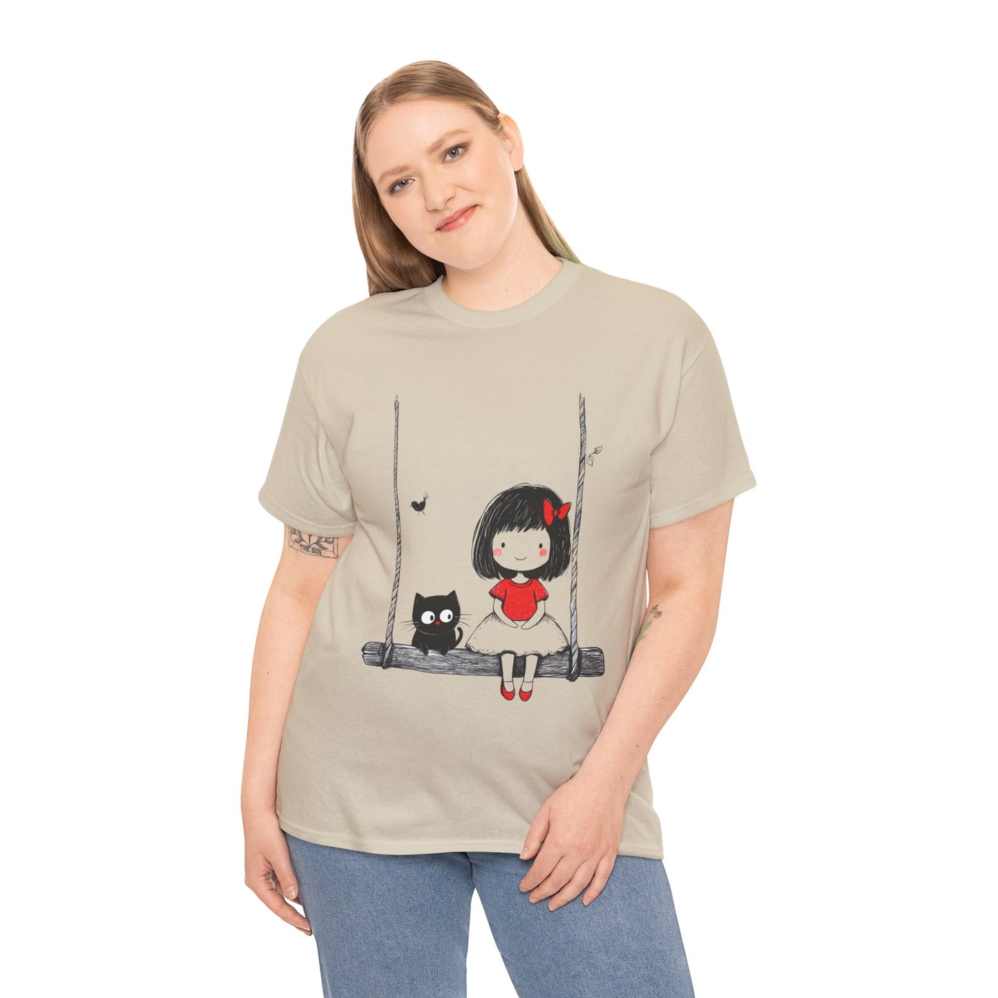 Cute Cat & Girl Graphic Tee, Playful Gift for Cat Lovers, Cat and Girl Design, Gift for Cat Owners, Women's Cotton T-Shirt