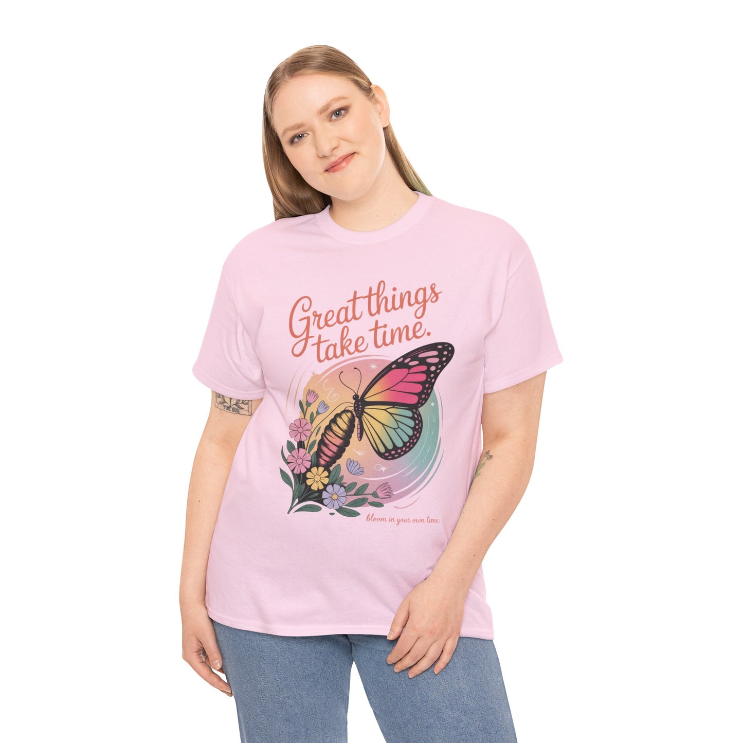 Butterfly Motivational Women's Heavy Cotton Tee, Great Things Take Time Shirt, Gift for Nature Lovers, Inspirational Apparel, Summer Outfit