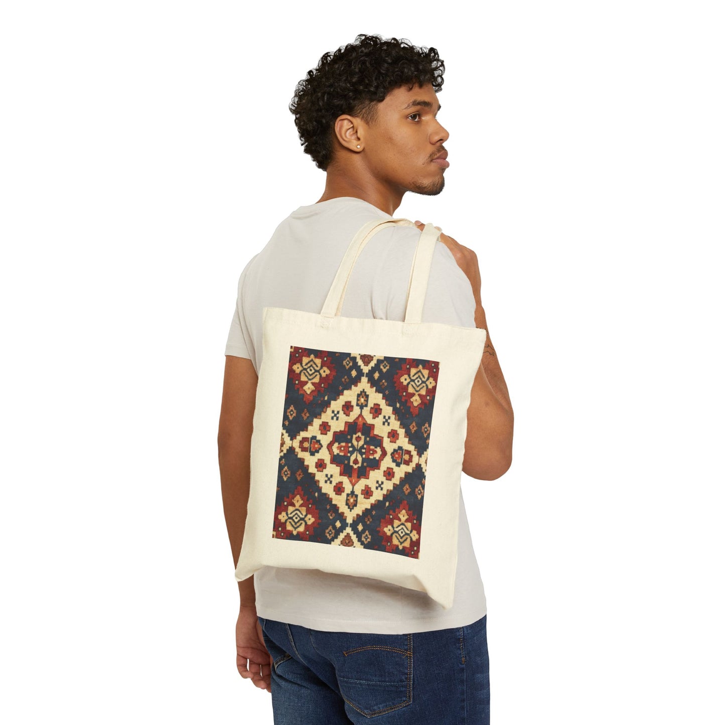 Boho Cotton Canvas Tote Bag, Shopping Bag for Everyday Use, Beach, Grocery, Gifts, Sustainable Style, Traditional Turkish Carpet Pattern
