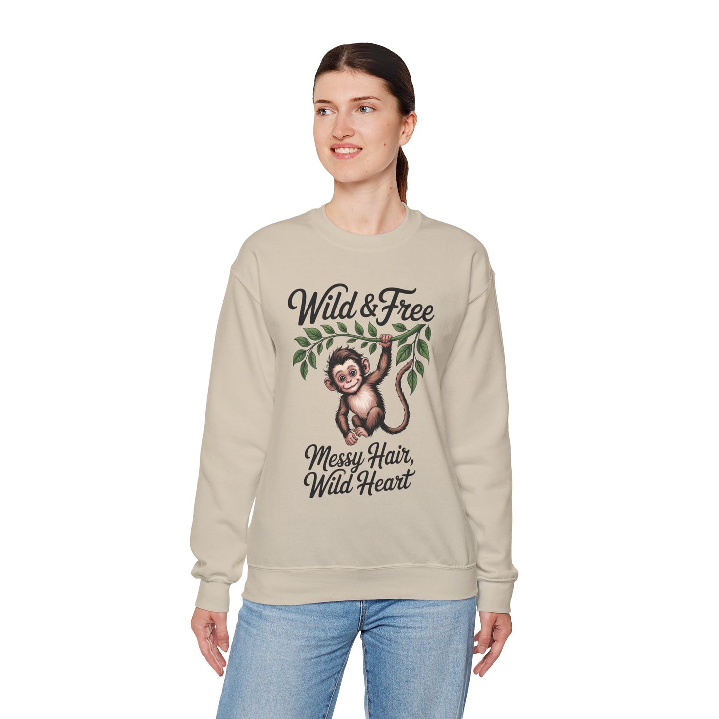 Wild & Free Monkey Sweatshirt, Messy Hair Wild Heart Womens Pullover, Cute Jungle Animal Sweater, Boho Adventure Graphic, Nature Lover Gift