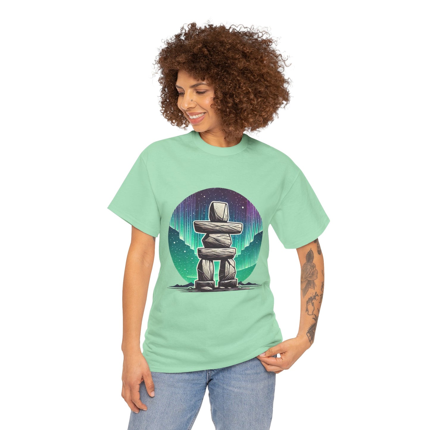 Aurora Stone Inukshuk Tee, Northern Lights Inukshuk T-Shirt, Arctic Stone Stack Aurora Graphic Tee, Canada Inuit Symbol Shirt