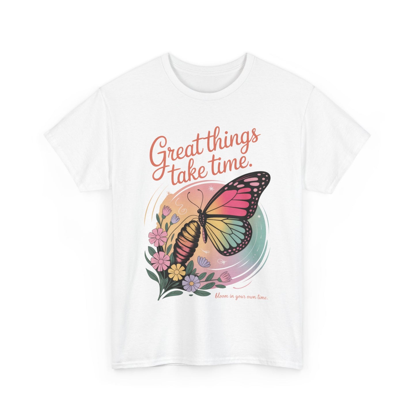 Butterfly Motivational Women's Heavy Cotton Tee, Great Things Take Time Shirt, Gift for Nature Lovers, Inspirational Apparel, Summer Outfit