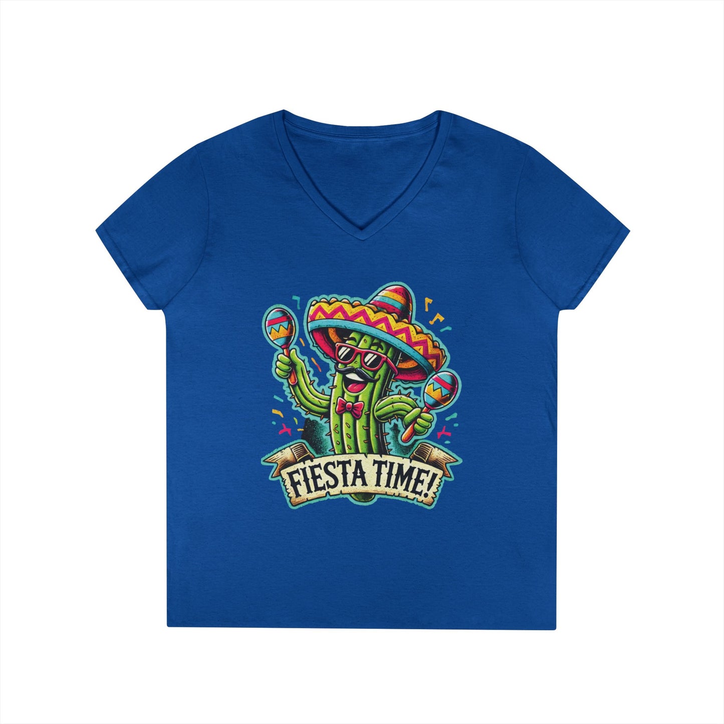Fiesta Time Cactus Ladies' V-Neck T-Shirt, Funny Sombrero Mexican Party Tee, Cinco de Mayo Gift Idea, Fun Summer Tee, Party Wear