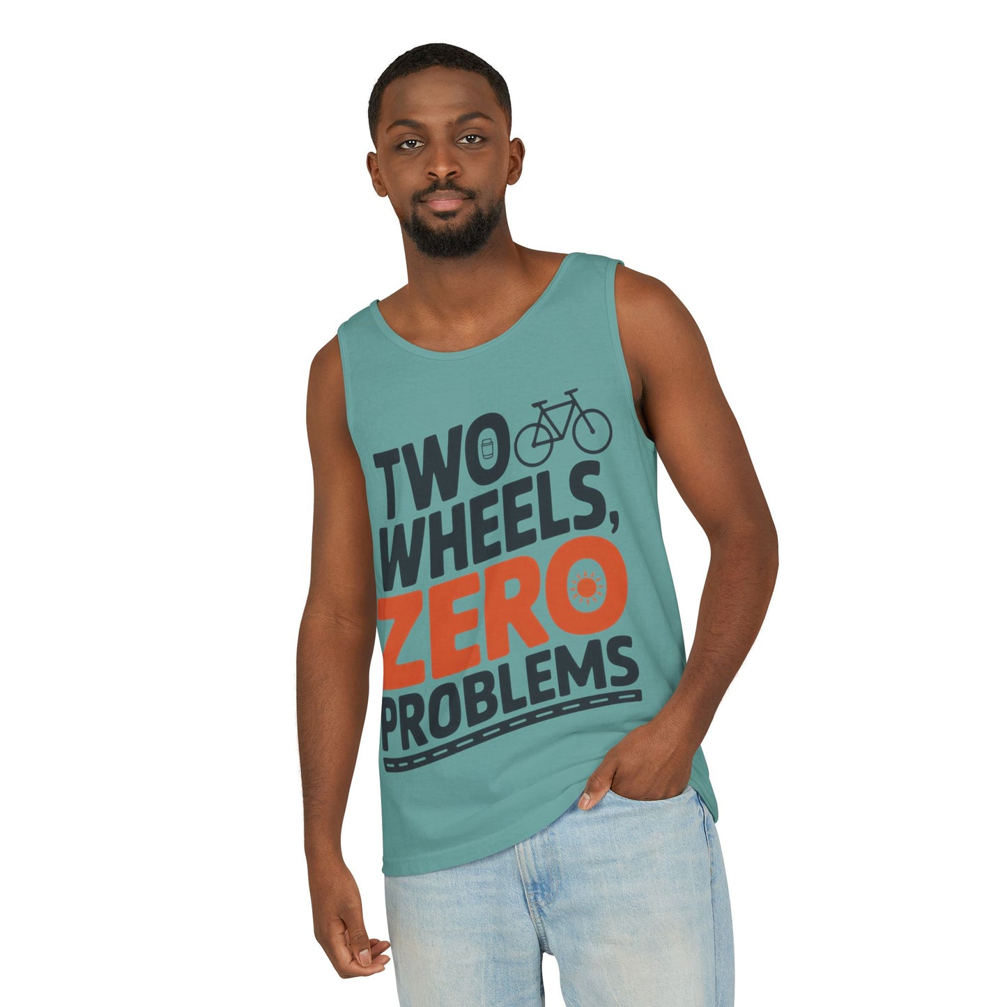 Mens Garment-Dyed Tank Top, Two Wheels Zero Problems Mens Cycling Graphic Tank, Gift for Cyclists