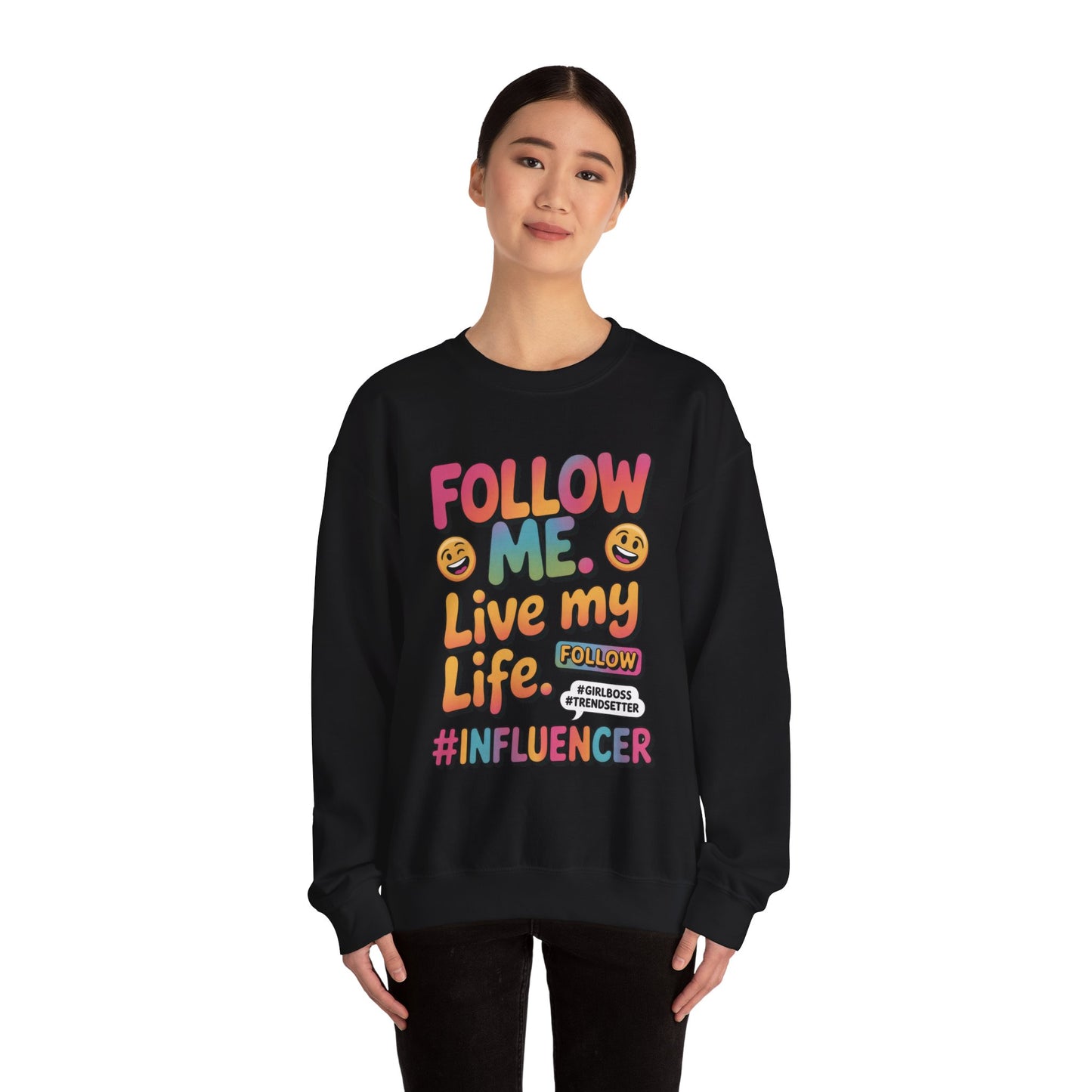Womens Heavy Blend™ Crewneck Sweatshirt, Influencer Sweatshirt, Colorful Follow Me Live My Life Graphic Sweatshirt, Trendy GirlBoss Outfit