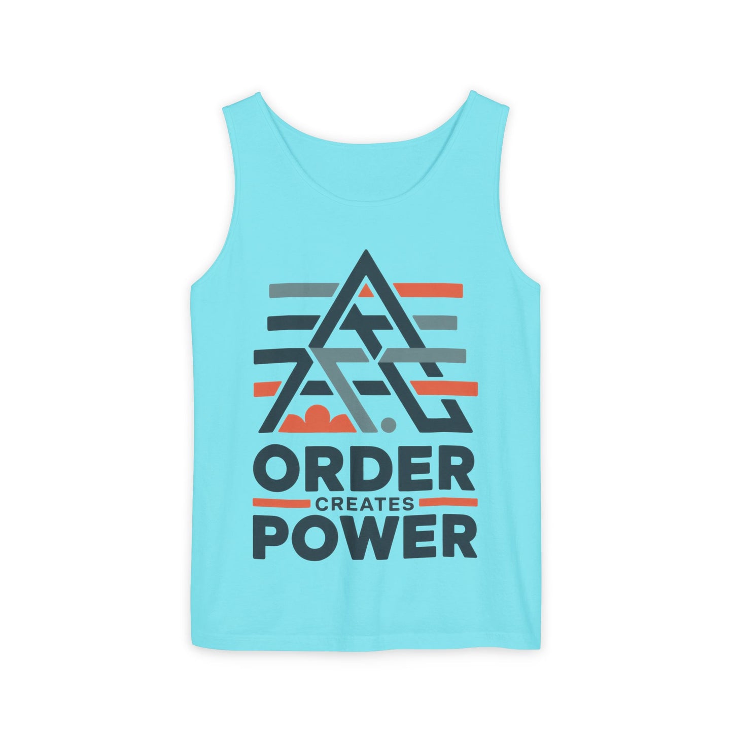 Mens Garment-Dyed Tank Top, Mens Tank Top Order Creates Power, Minimal Geometric Motivational Graphic Summer Shirt