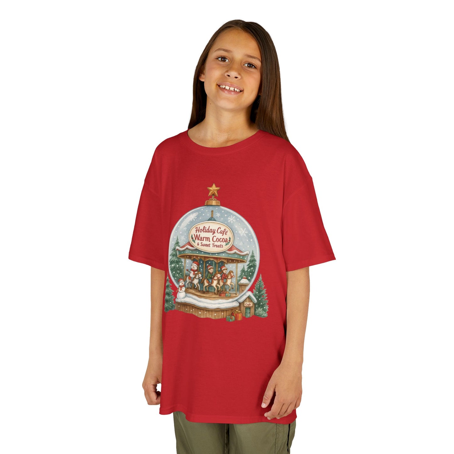 Youth Holiday Café Christmas T-Shirt, Warm Cocoa Carousel Kids Tee