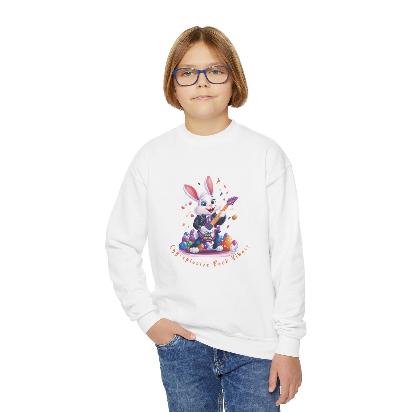 Cool Rocking Bunny Youth Crewneck Sweatshirt, Fun Easter Gift, Kid's Music Apparel, Spring Celebration Style, Cute Animal Sweatshirt