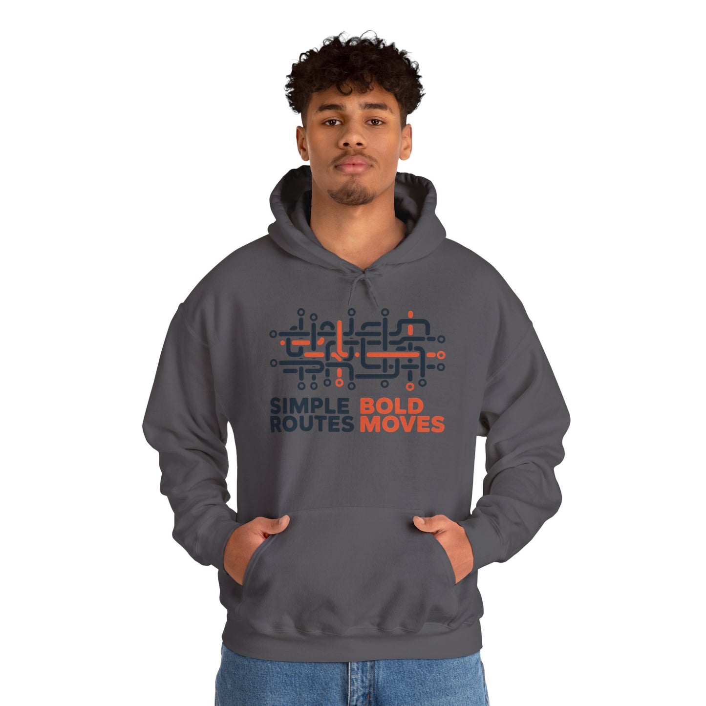 Men's Heavy Blend™ Hooded Sweatshirt, Simple Routes Bold Moves Hoodie, Unisex Metro Map Graphic, Urban Streetwear